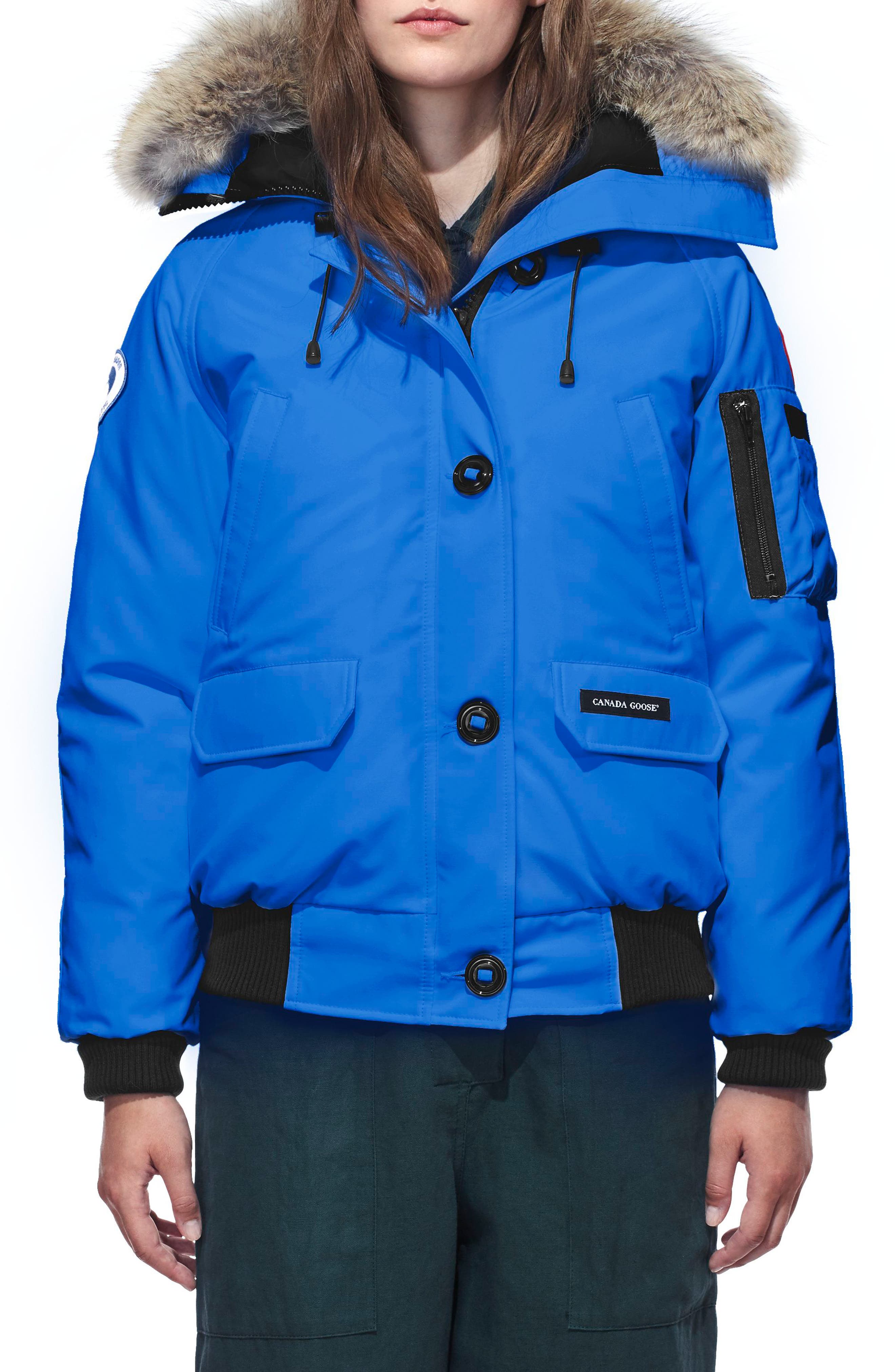 Canada Goose Pbi Chilliwack Hooded Down Bomber Jacket With Genuine Coyote Fur Trim, (000-00) - Blue