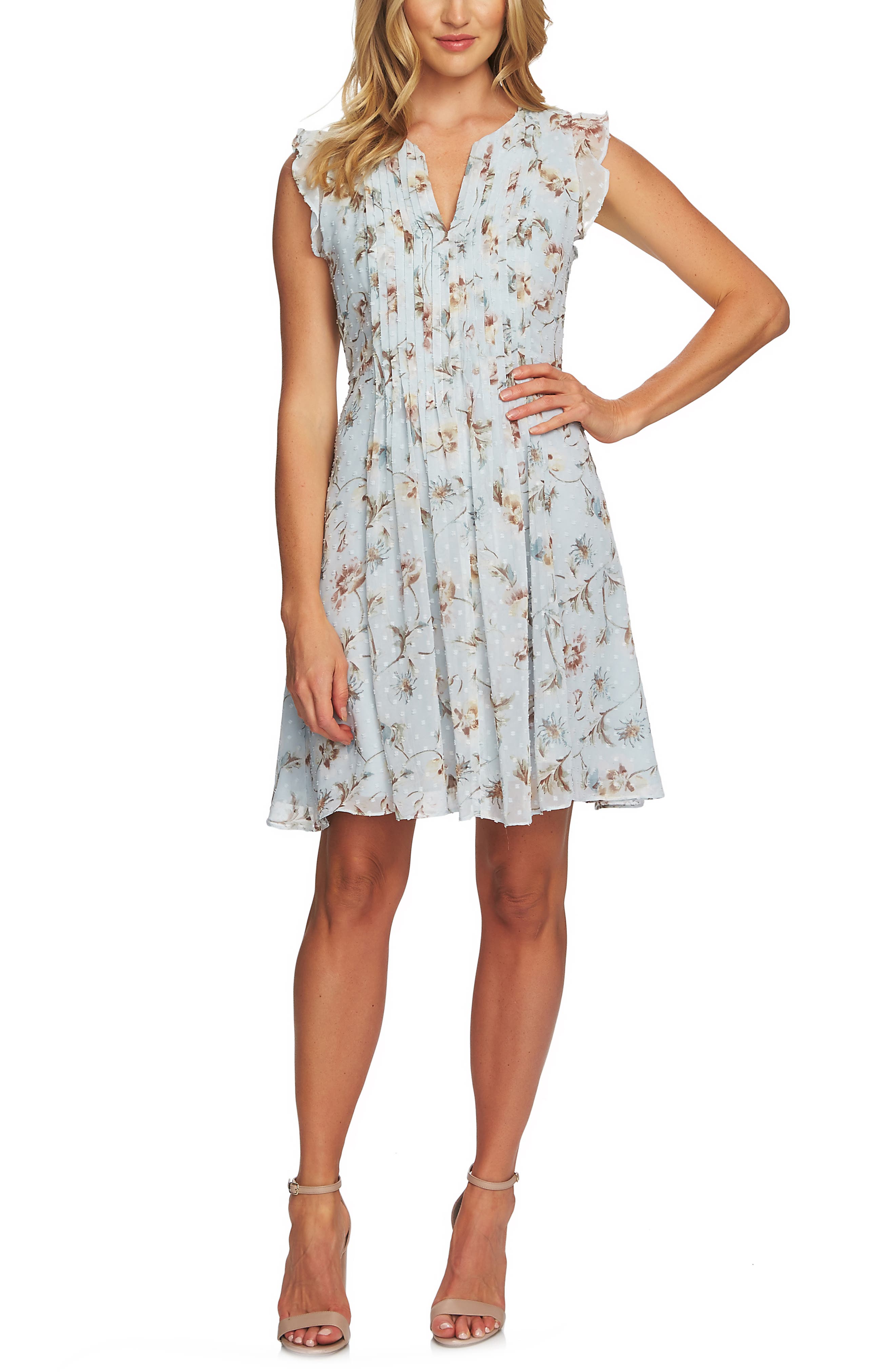 Cece Duchess Floral Print Flutter Sleeve Dress, Blue
