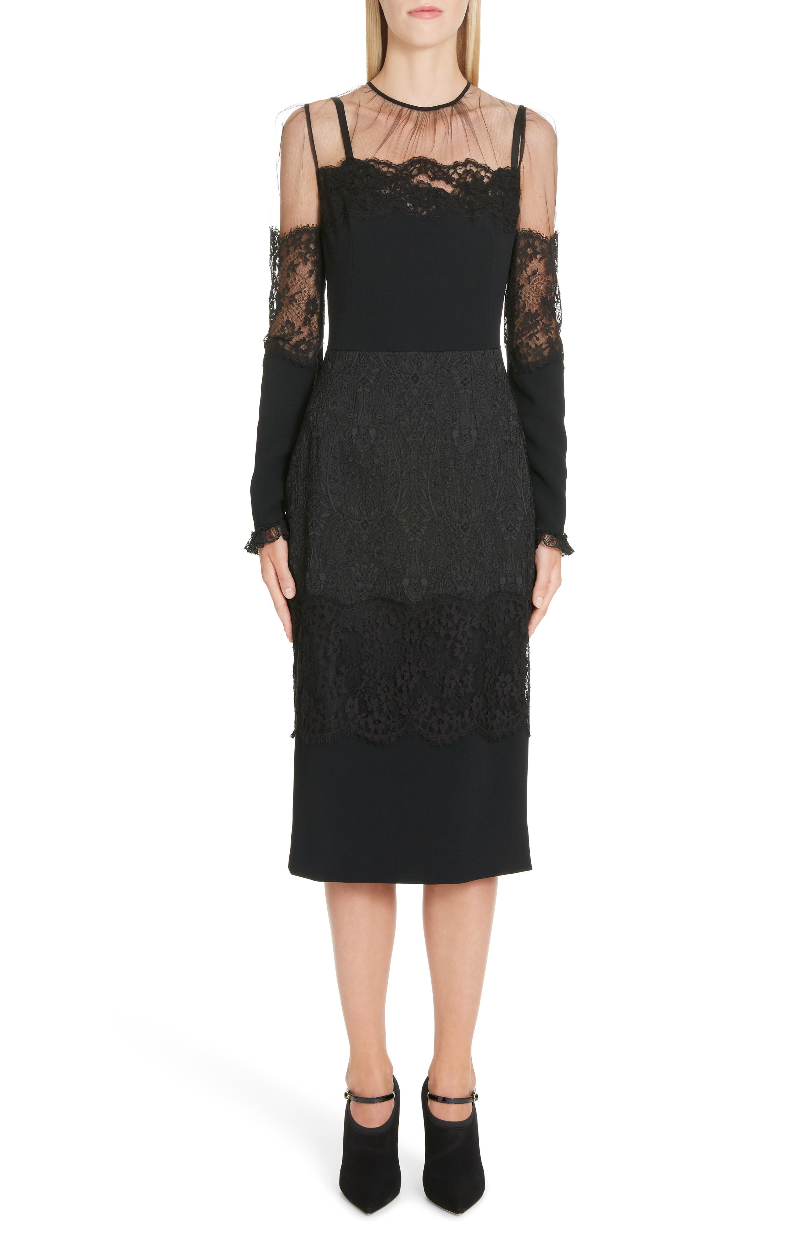 Dolce & gabbana Sheer Yoke Lace Sheath Dress, 50 IT - Black
