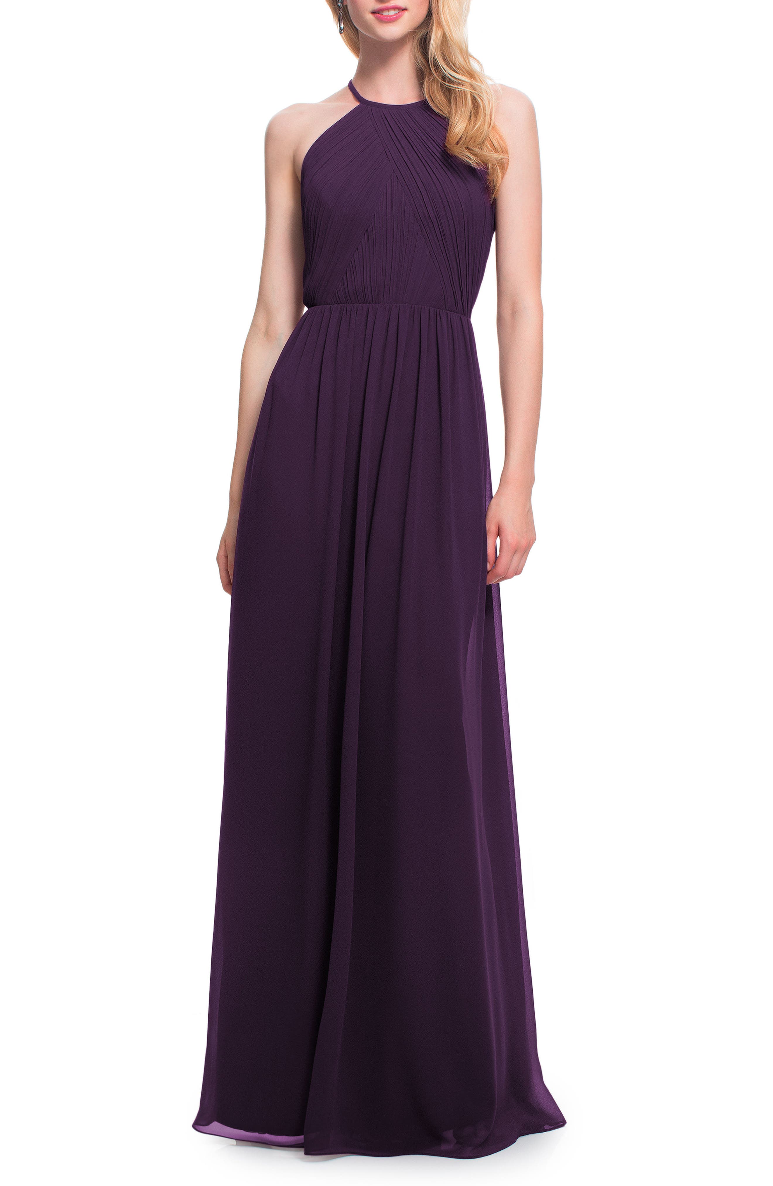 #levkoff Open Back Halter Neck Chiffon Gown, Purple