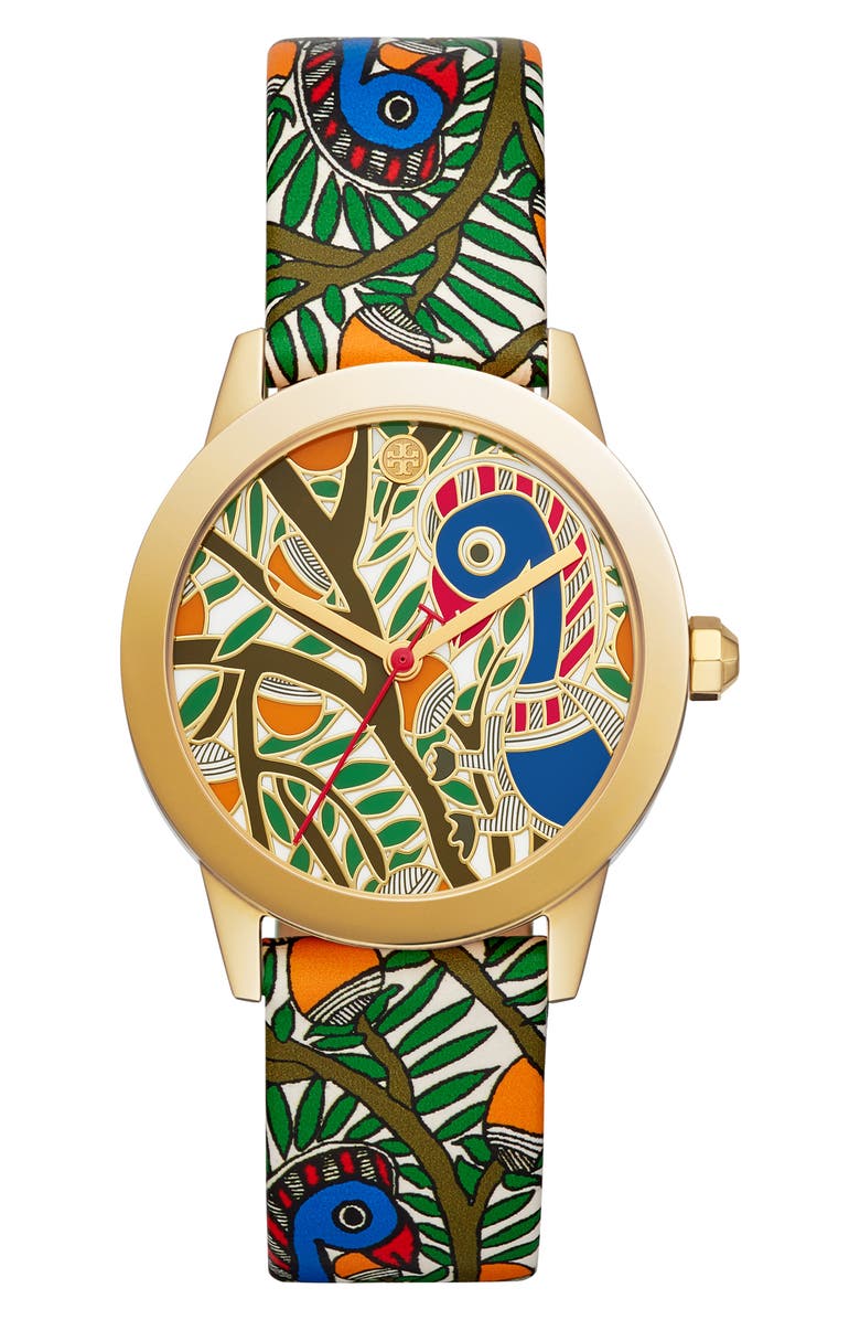 Gigi Toucan Leather Strap Watch, 36mm, Main, color, GREEN/ TOUCAN PRINT/ GOLD