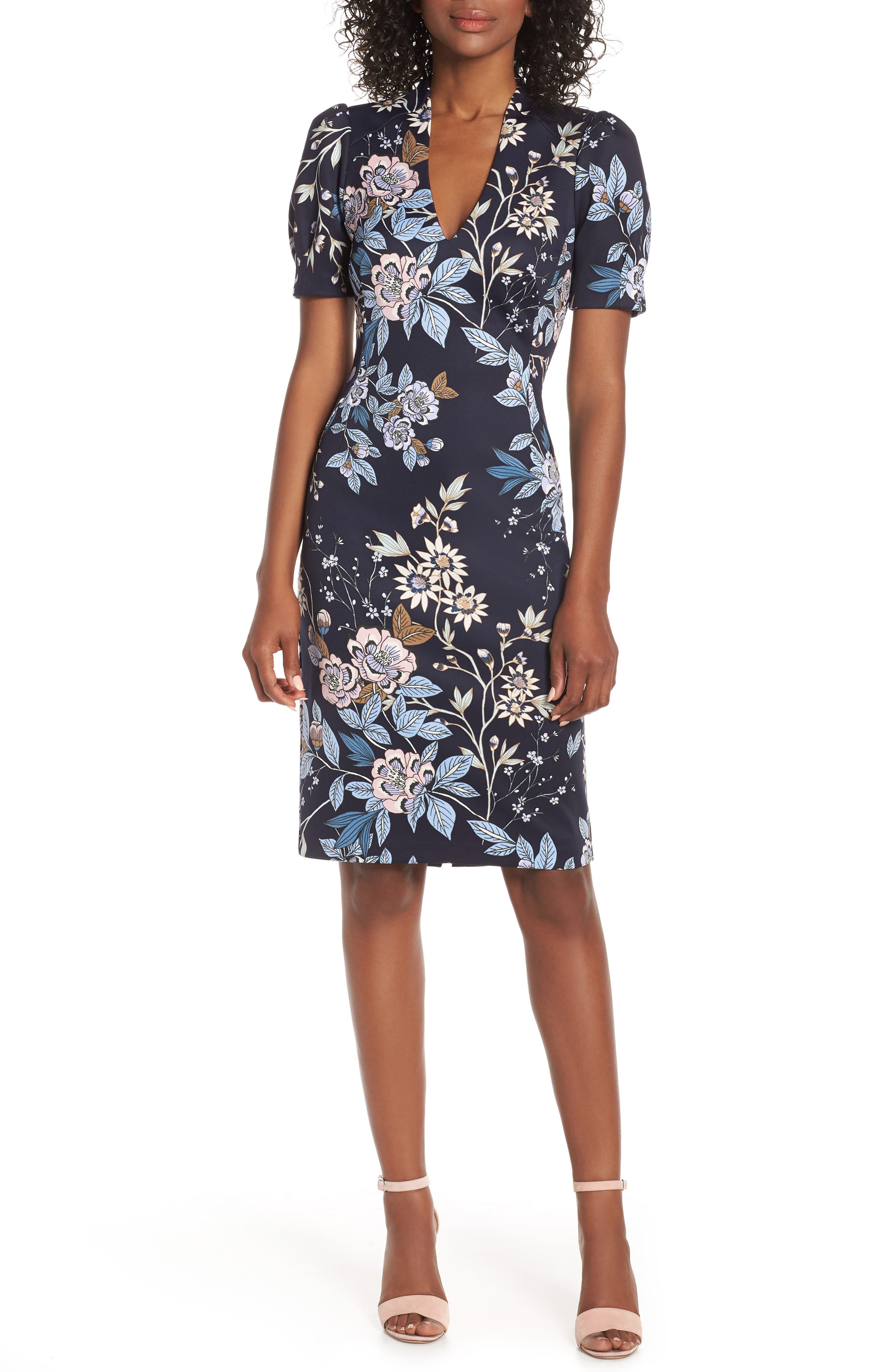 Vince Camuto Floral Print Scuba Crepe Sheath Dress