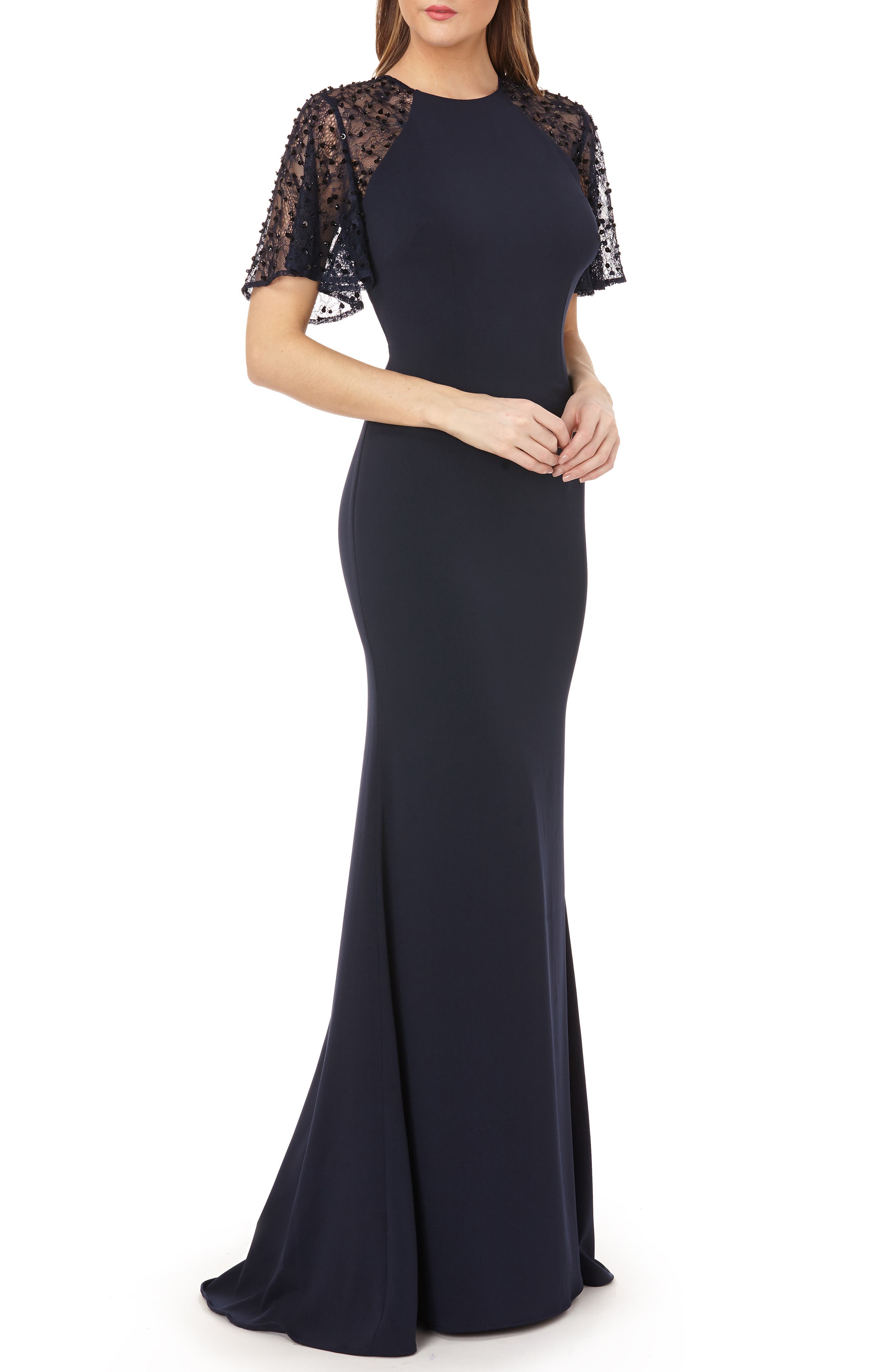Carmen Marc Valvo Infusion Sequin Lace Sleeve Crepe Gown