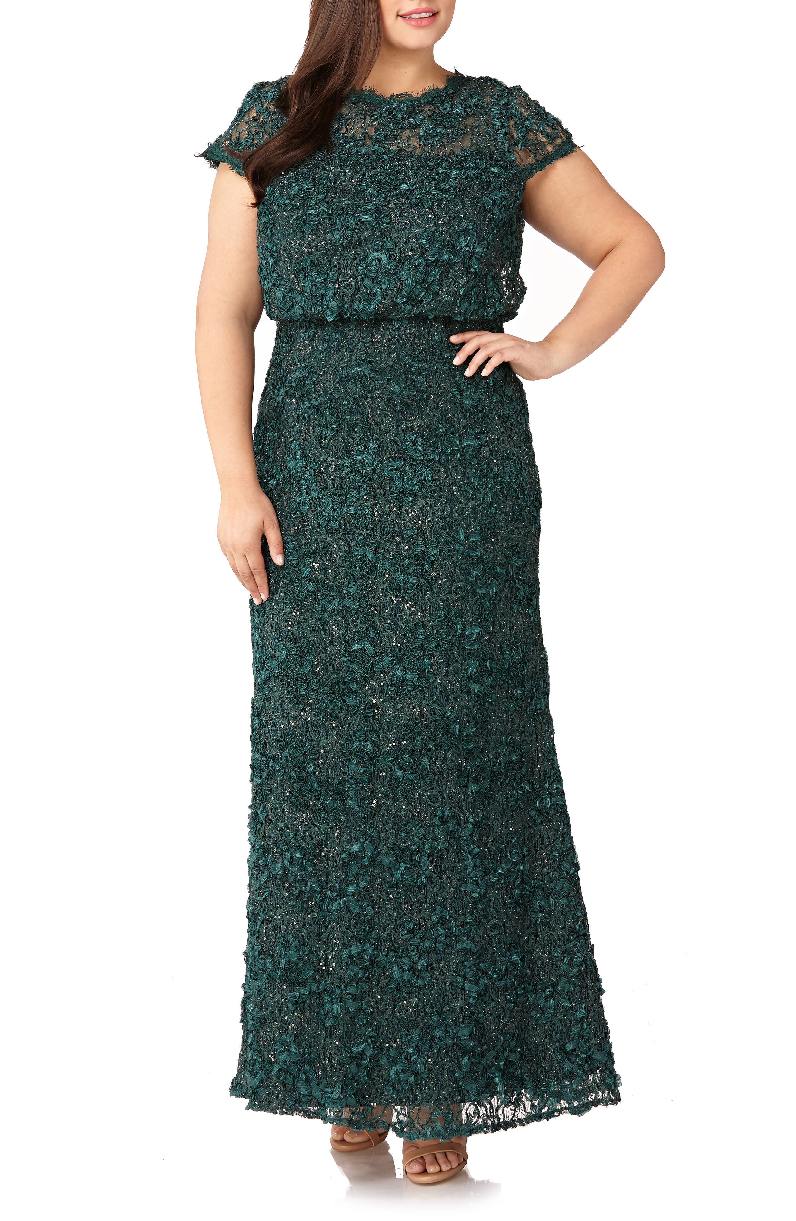 Plus Size Js Collections Sequin Lace Blouson Gown, Green