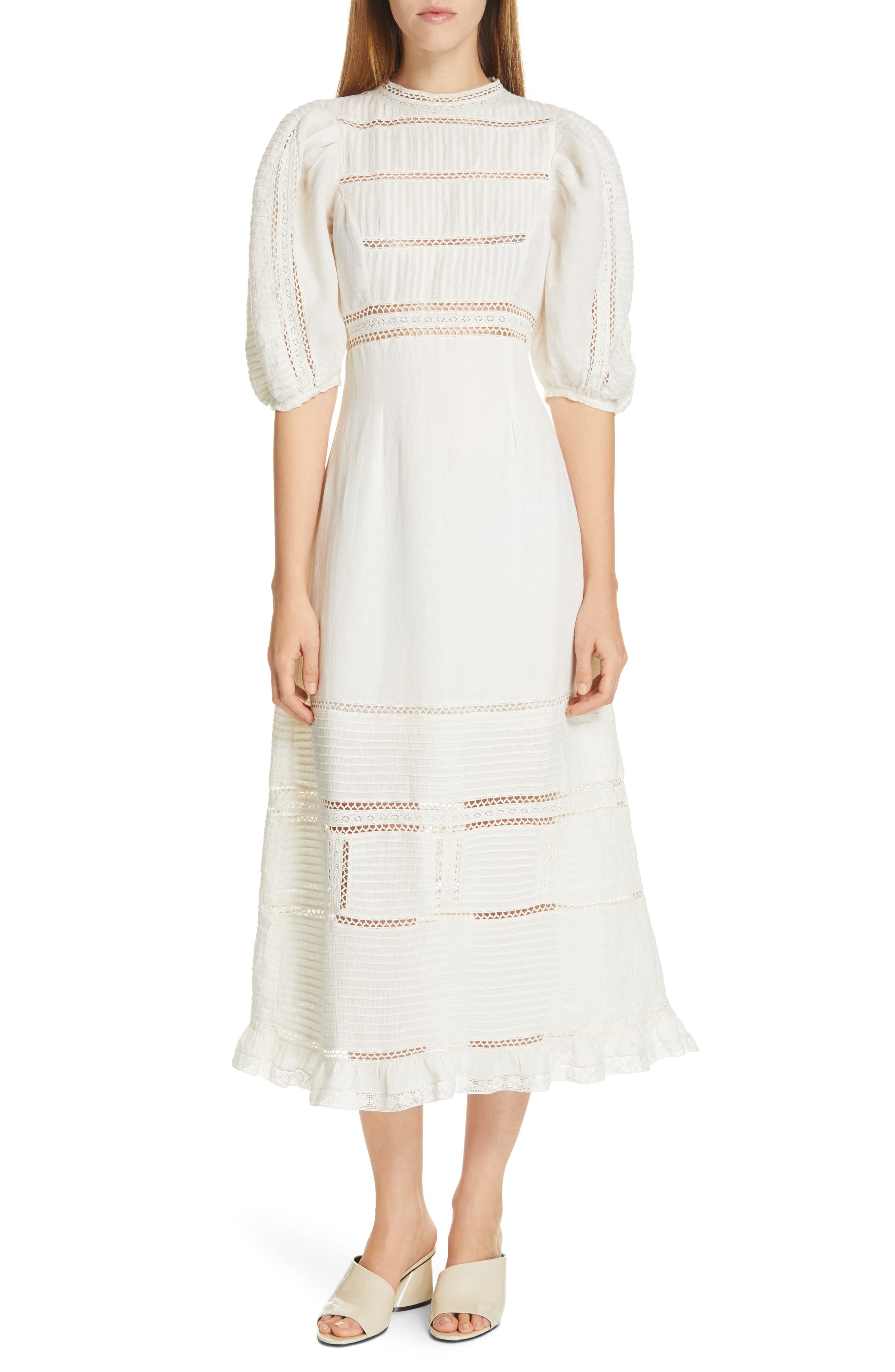 Sea Poppy Pintuck Puff Sleeve Midi Dress, Ivory