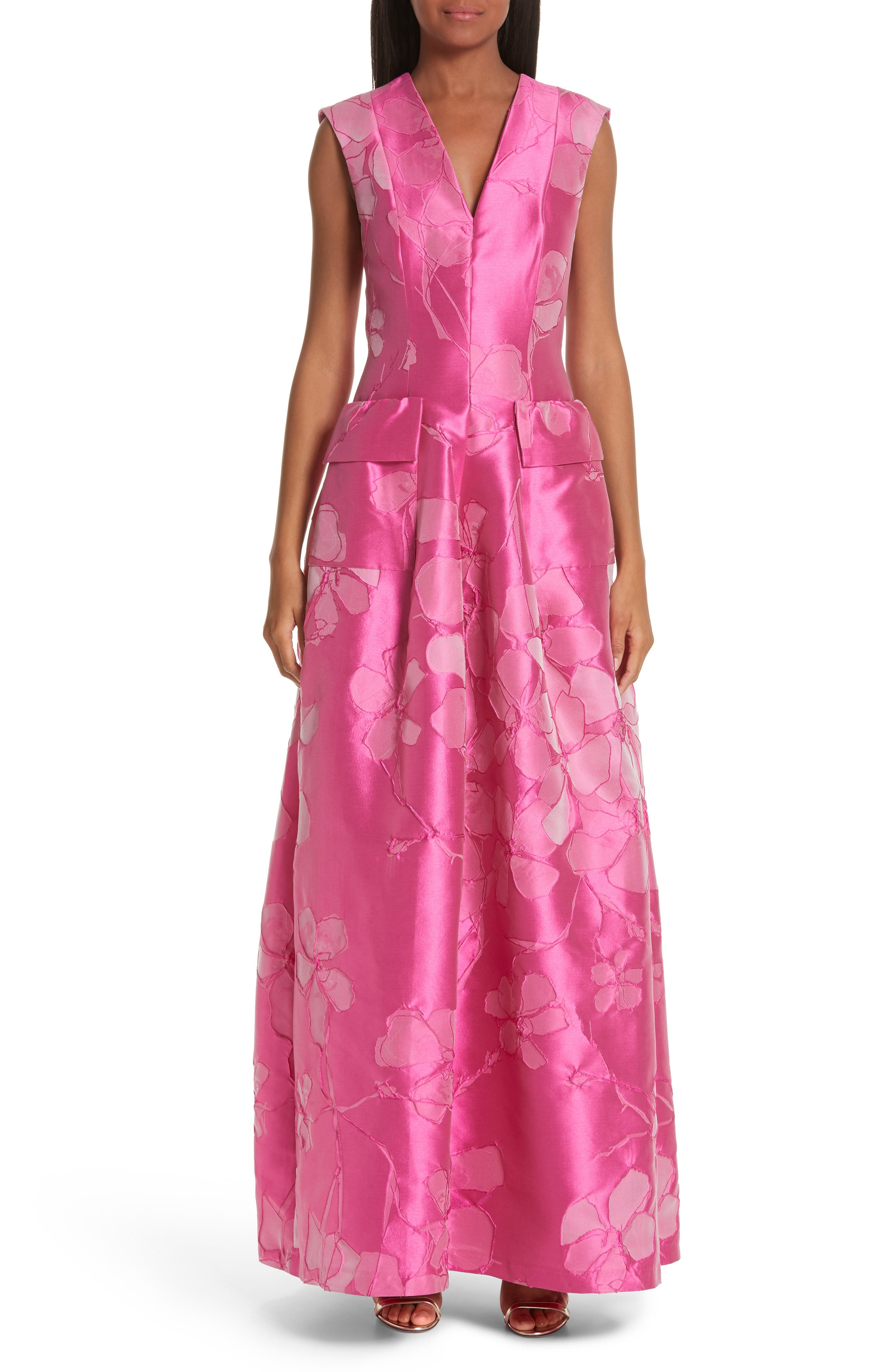 Talbot Runhof Floral V-Neck Evening Dress, Pink