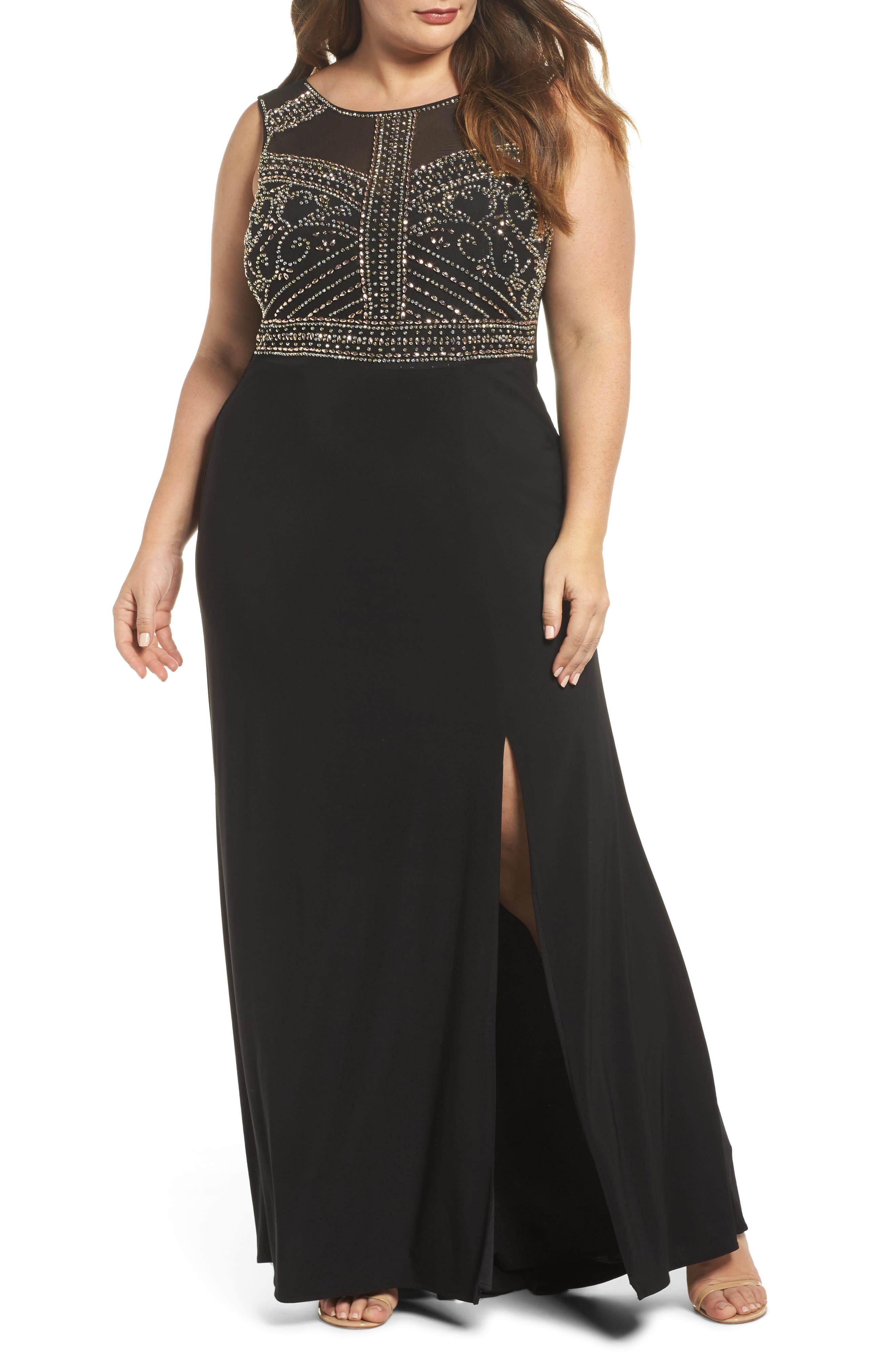 Plus Size Morgan & Co. Beaded Sheer Back Gown, Black