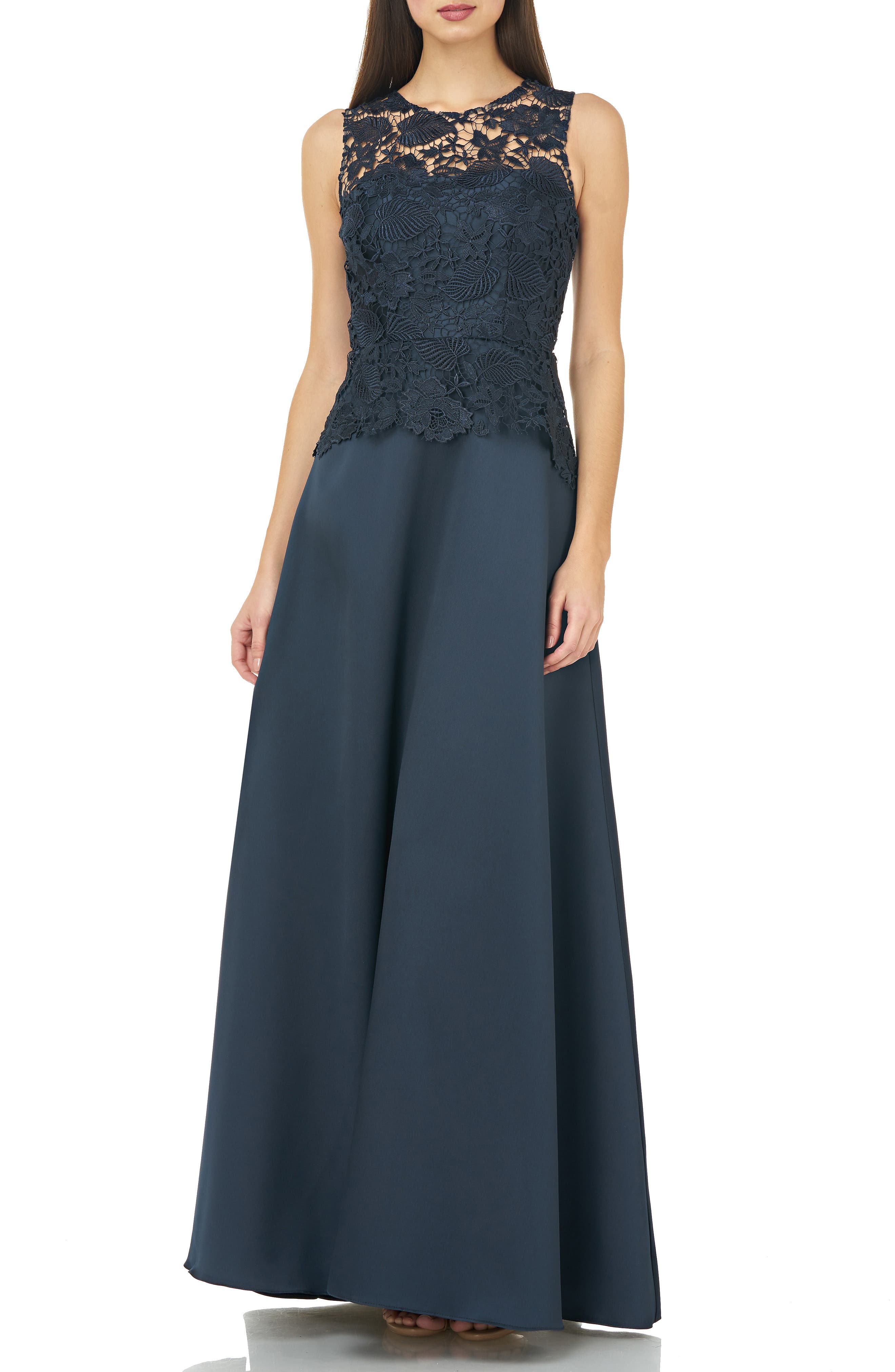 Carmen Marc Valvo Infusion Lace Bodice Evening Dress, Blue