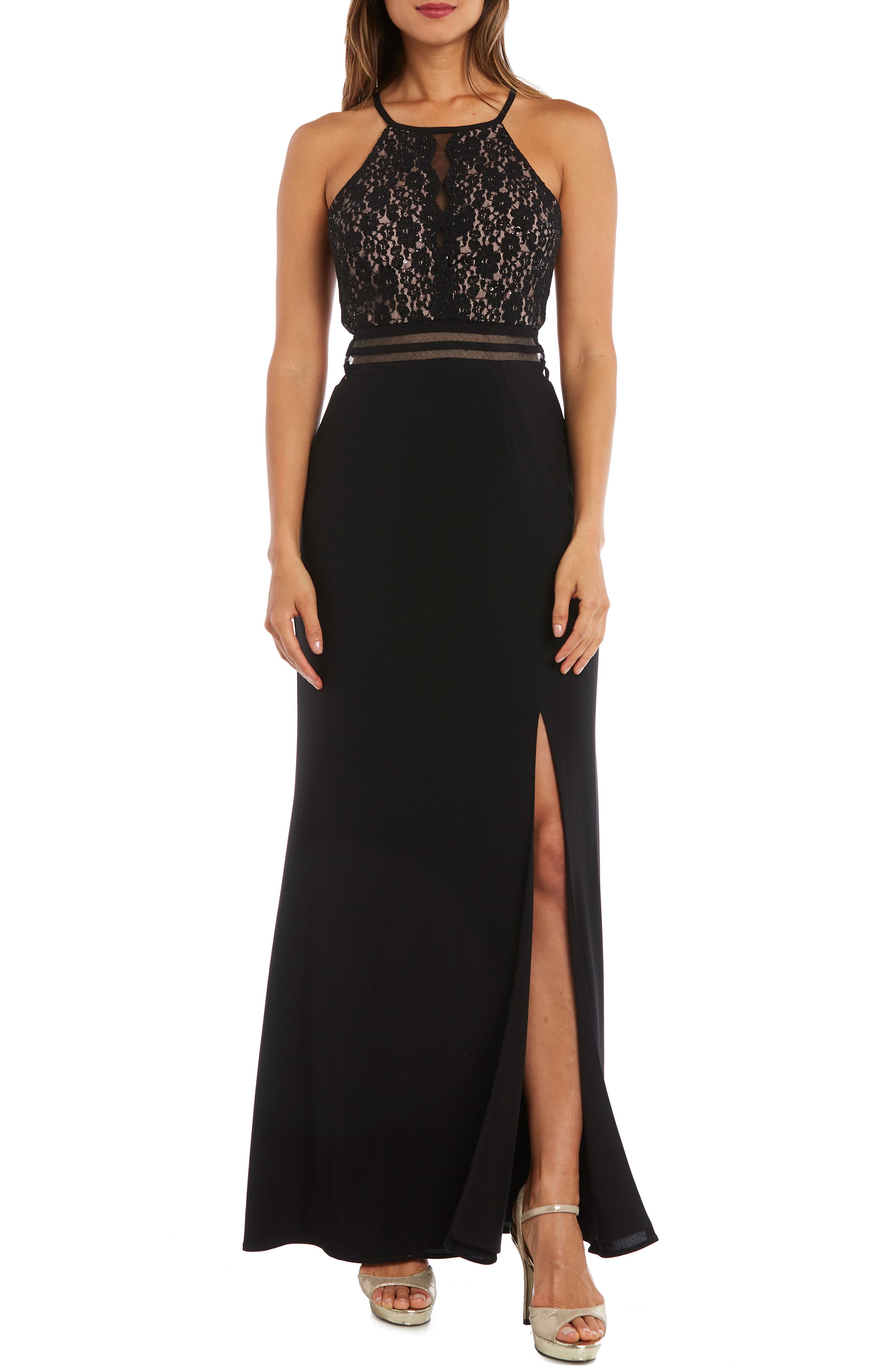 Morgan & Co. Strappy Lace Bodice Gown