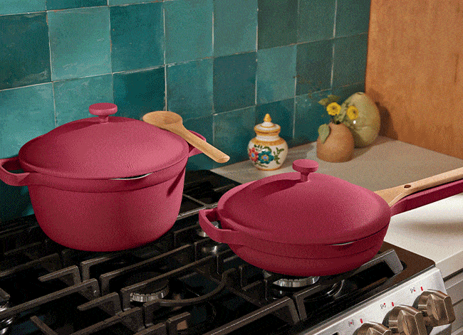 The Always Pan and Perfect Pot in rose on a cooktop; Selena Gomez holding the Always Pan in blue.