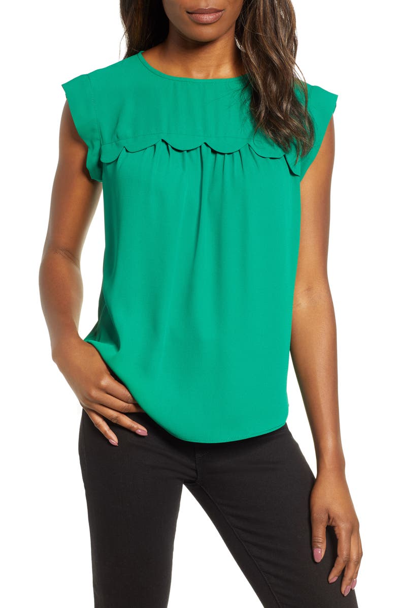 &.LAYERED Scallop Trim Sleeveless Blouse, Main, color, GREEN ULTRA