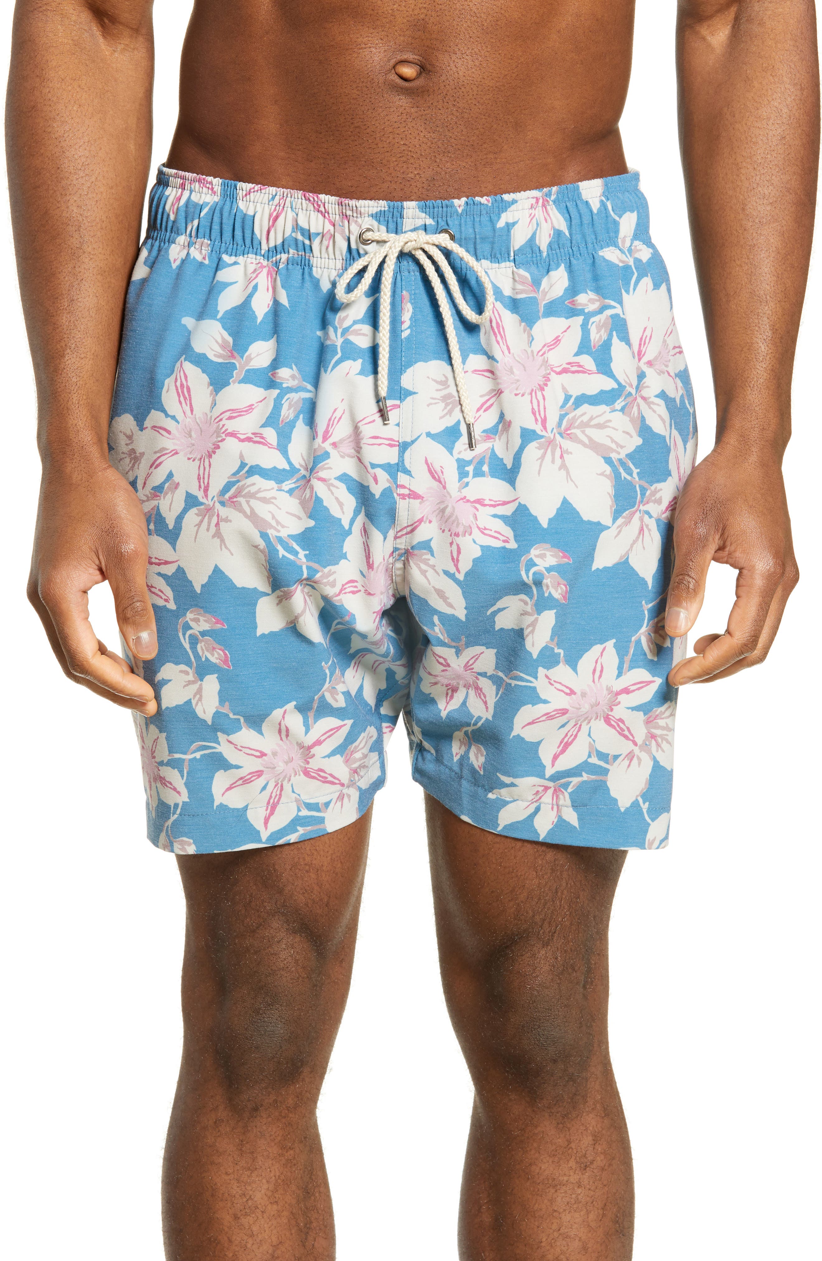 Faherty Beacon Regular Fit Floral Print Swim Trunks, Blue