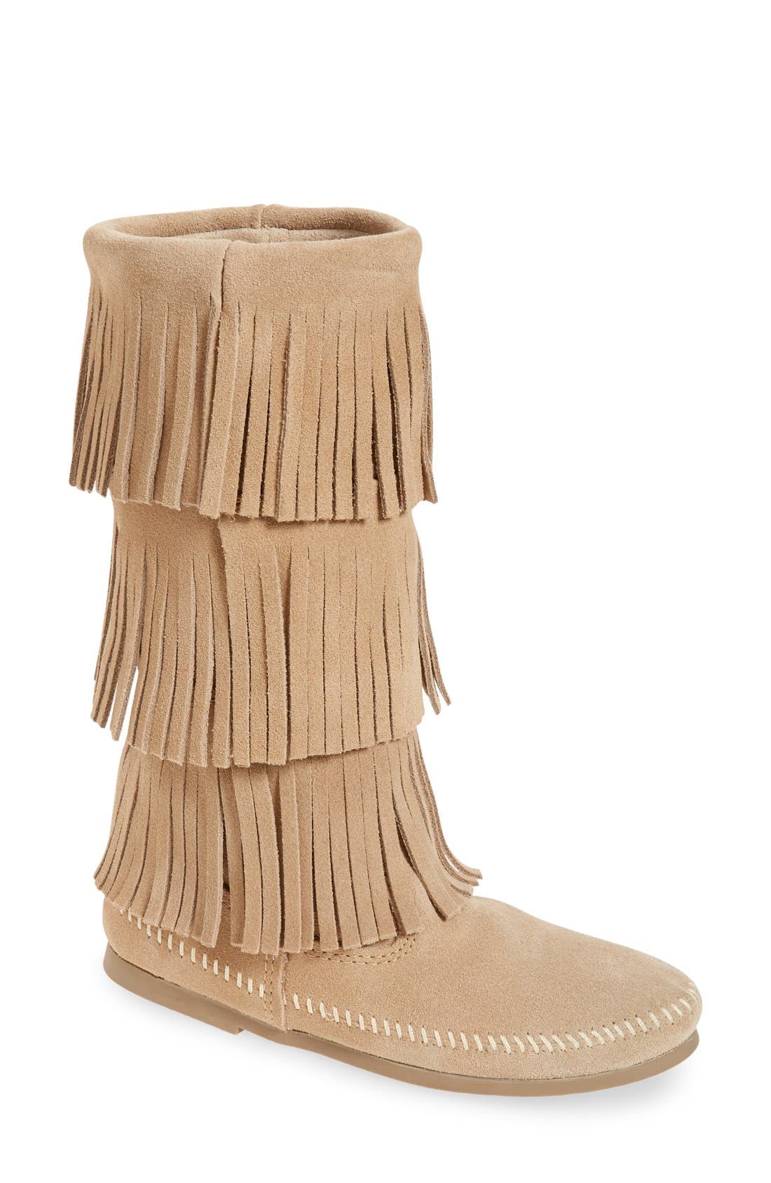 Minnetonka 3-Layer Fringe Boot, Beige