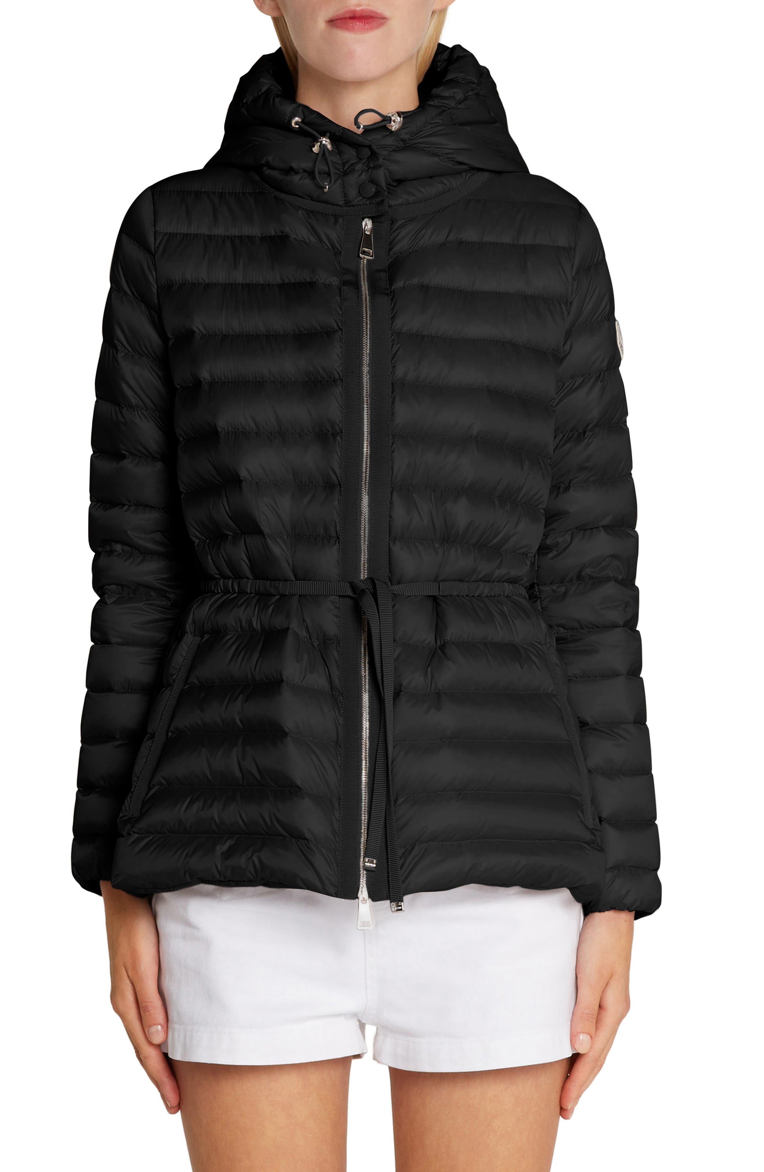 Moncler Raie Tie Waist Hooded Down Coat, Black