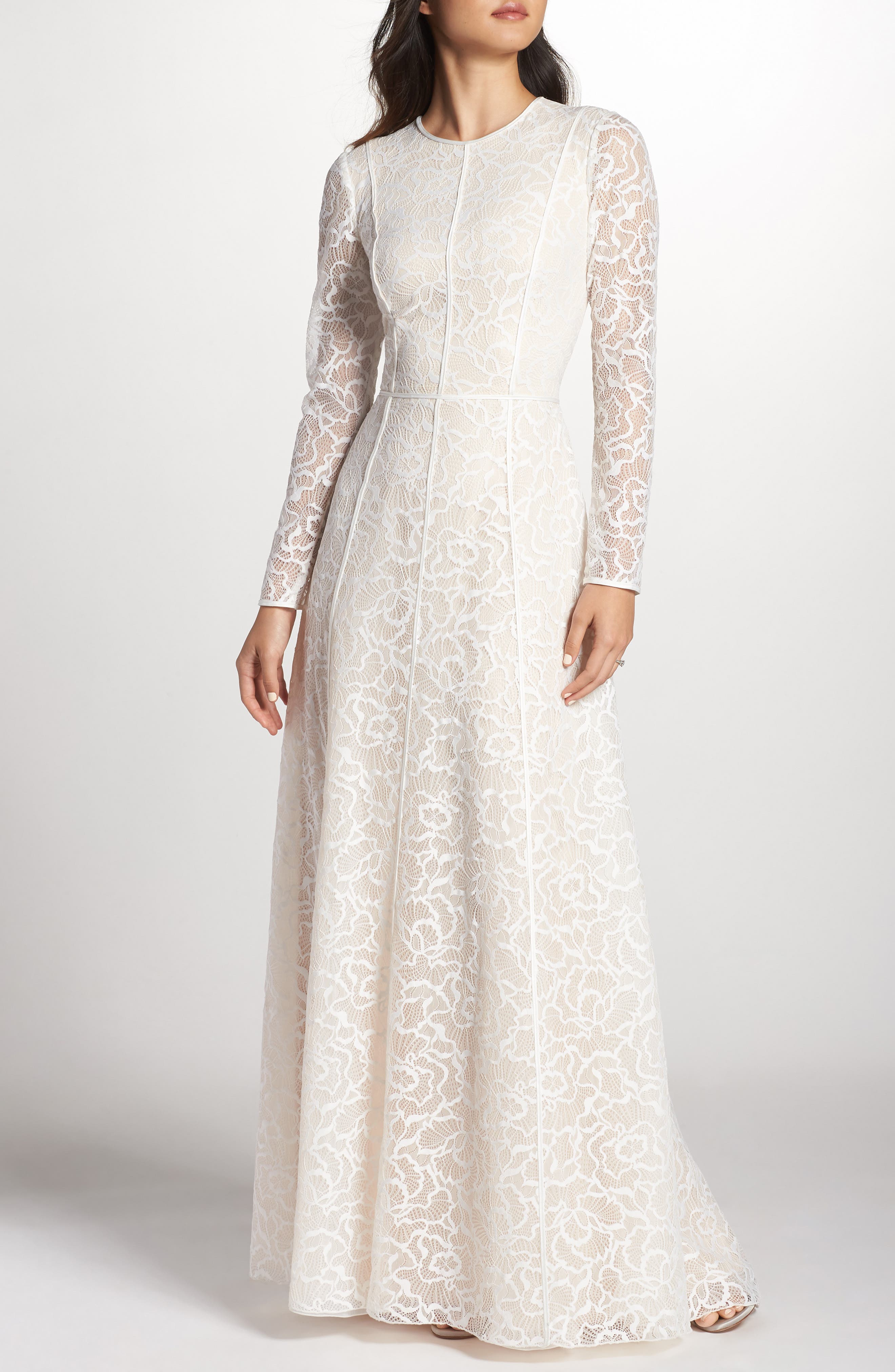 Tadashi Shoji Sheer Sleeve Lace A-Line Gown, Ivory
