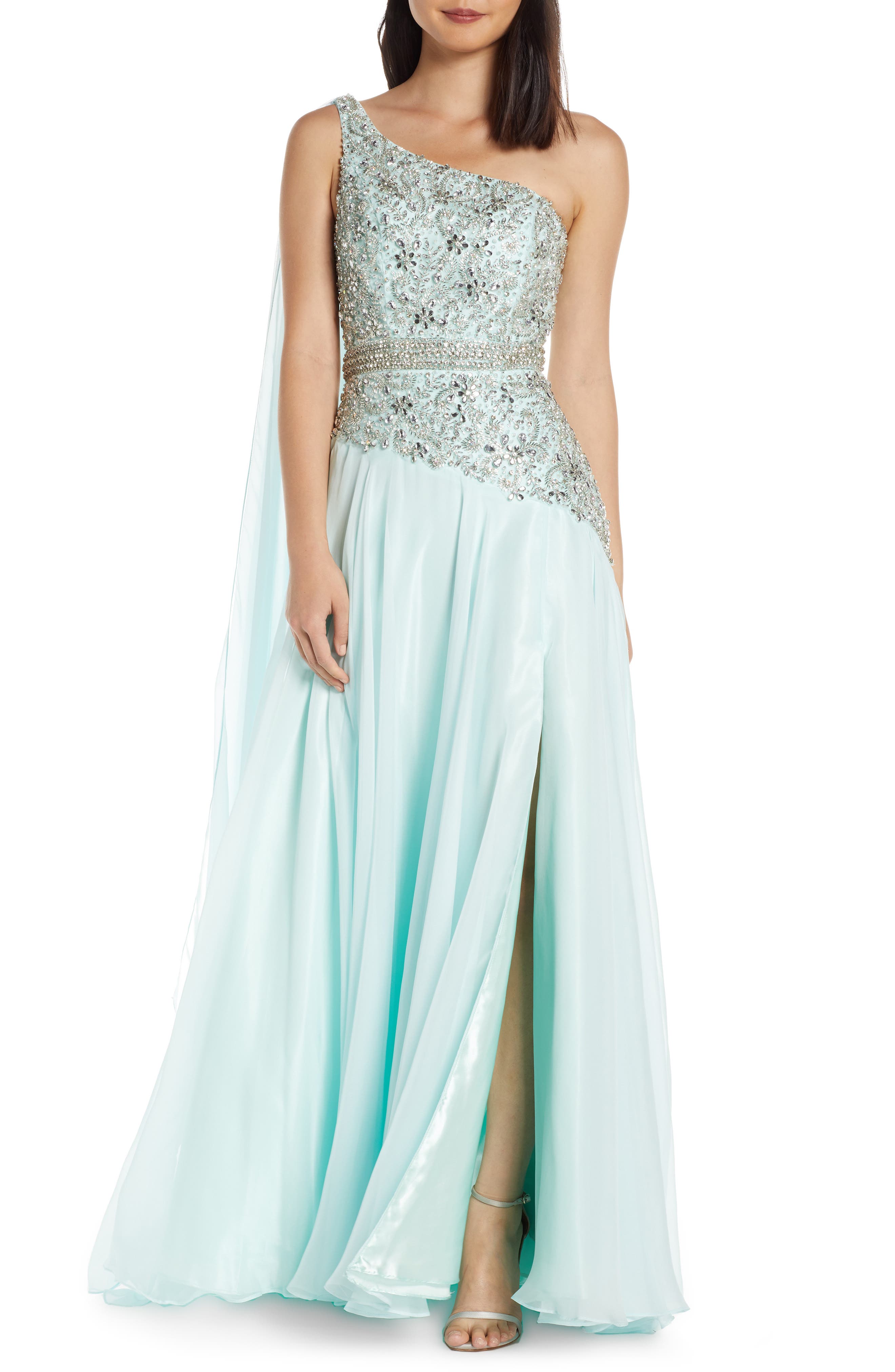 MAC Duggal One-Shoulder Sequin Prom Dress With Cape Detail, Green