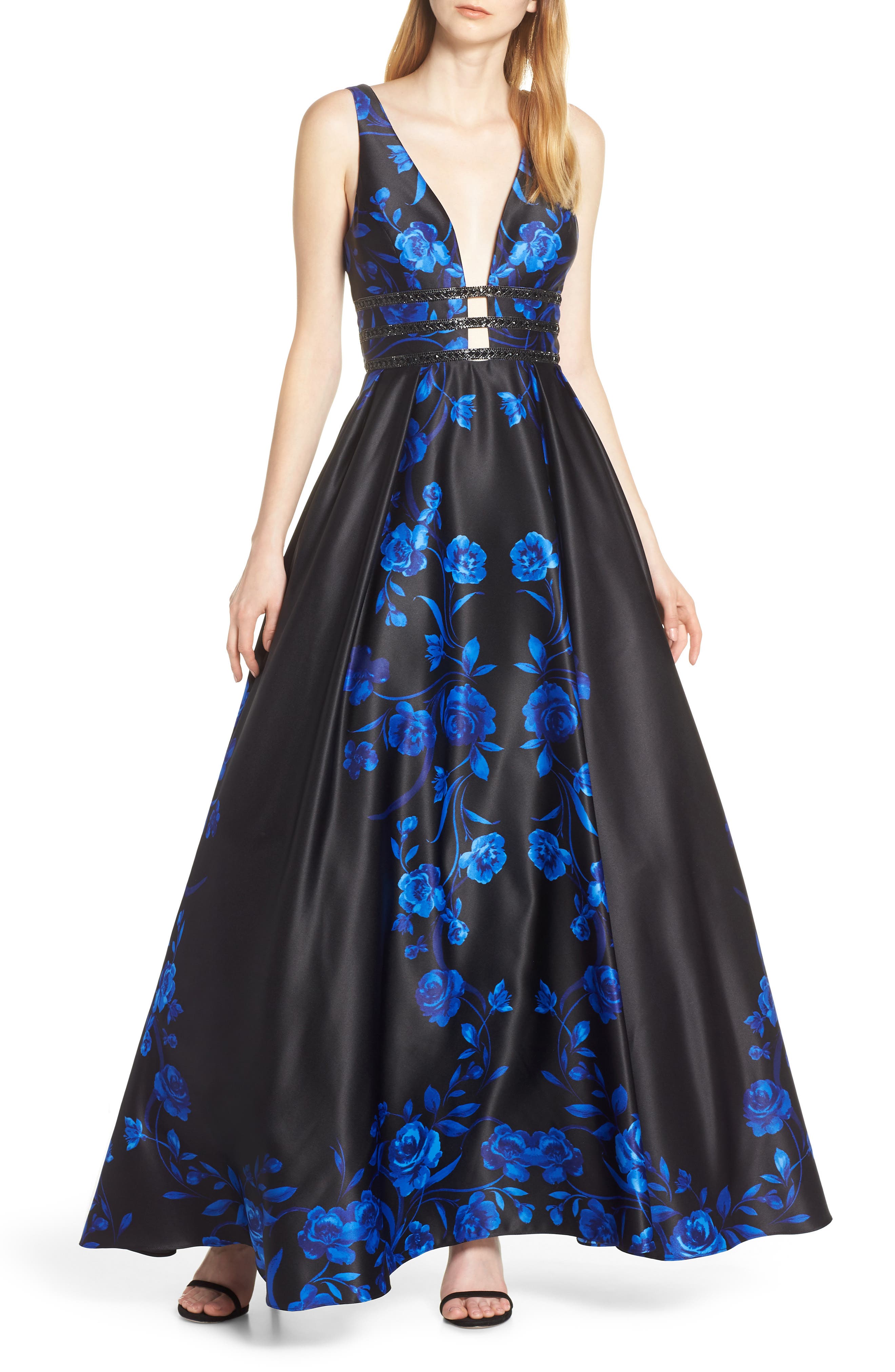 Blondie Nites Triple Band Satin Evening Dress, Blue