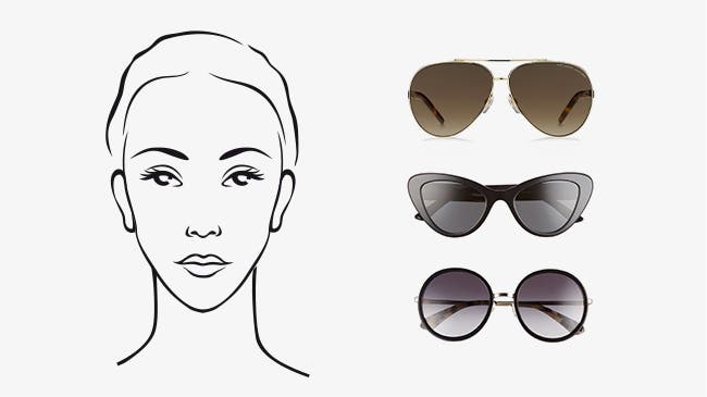 A drawing of a heart-shaped face with aviator, cat-eye and round sunglasses next to