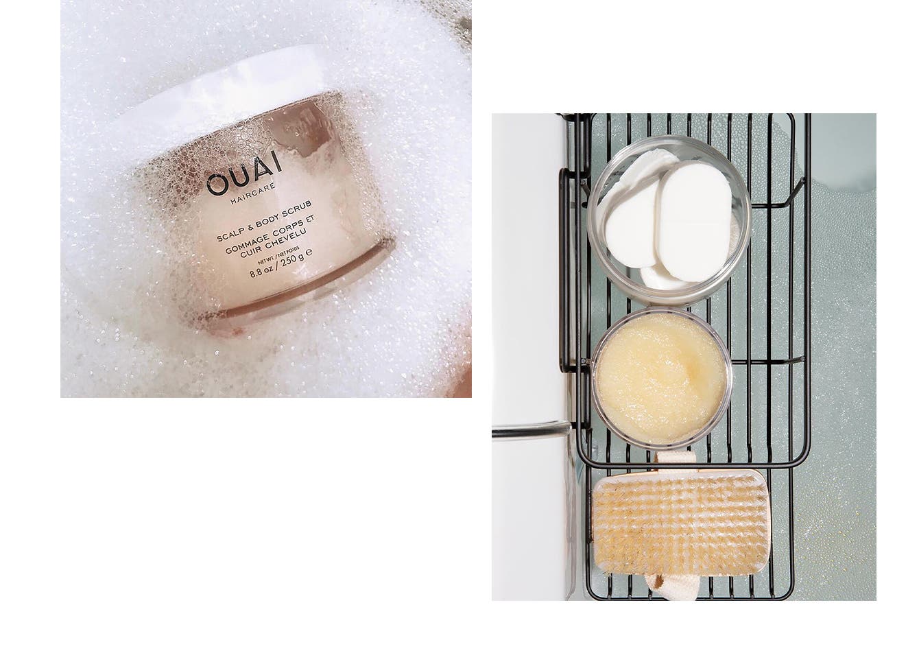 OUAI Scalp & Body Scrub with a body brush and other bath products.