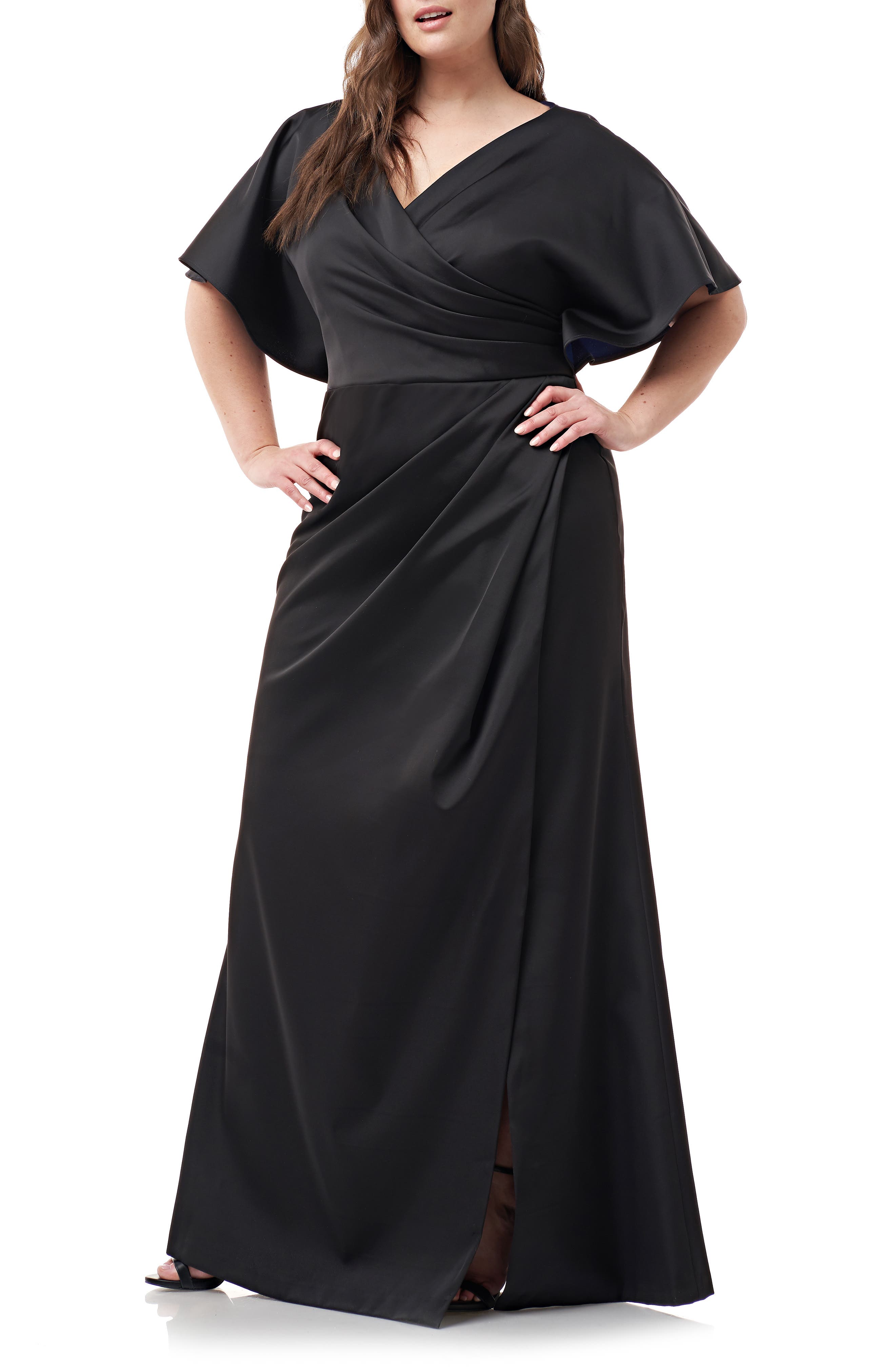 Plus Size Js Collections Faux Wrap Bonded Satin Gown, Black
