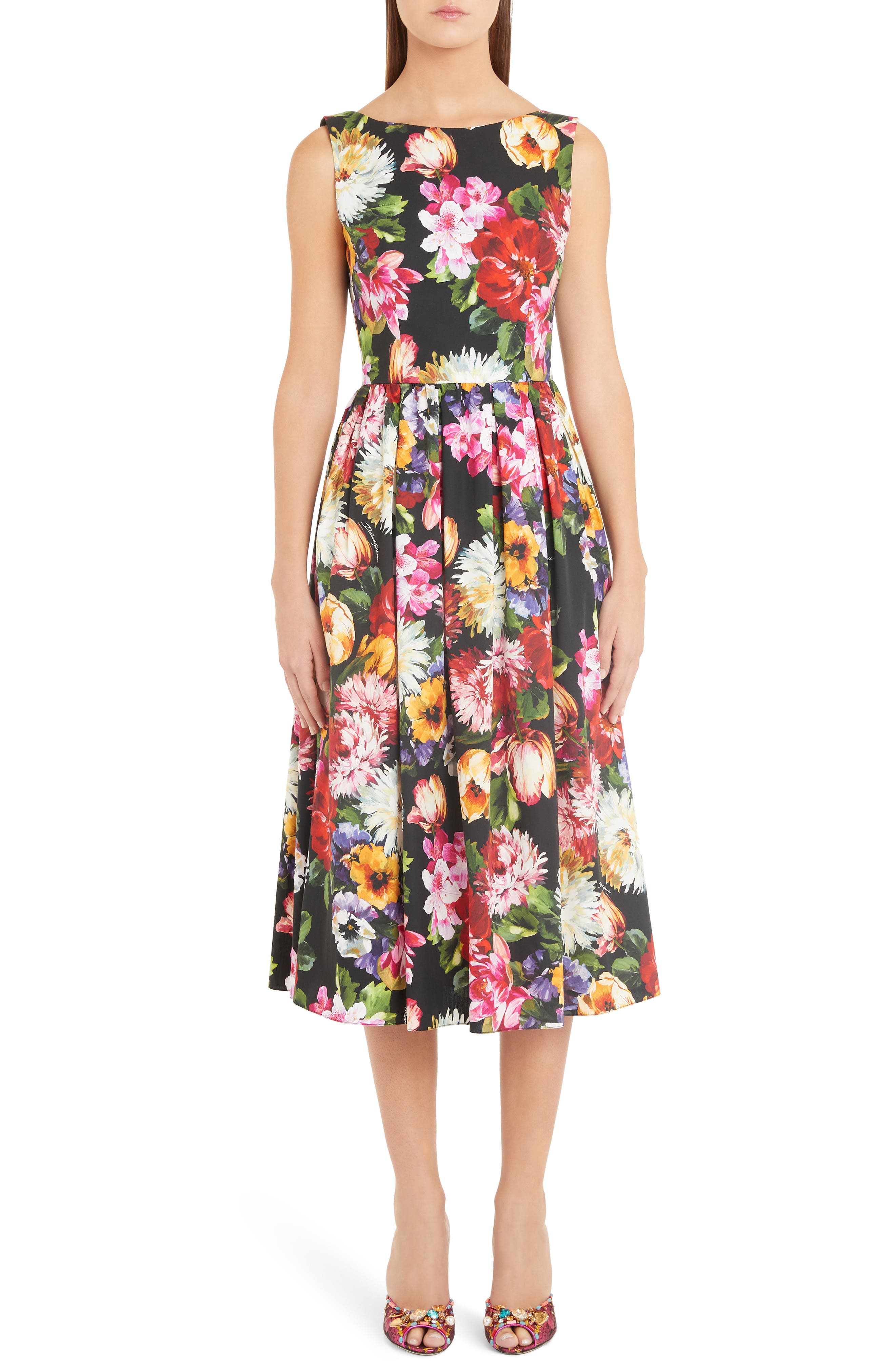 Dolce & gabbana Floral Print A-Line Midi Dress, US / 44 IT - Black