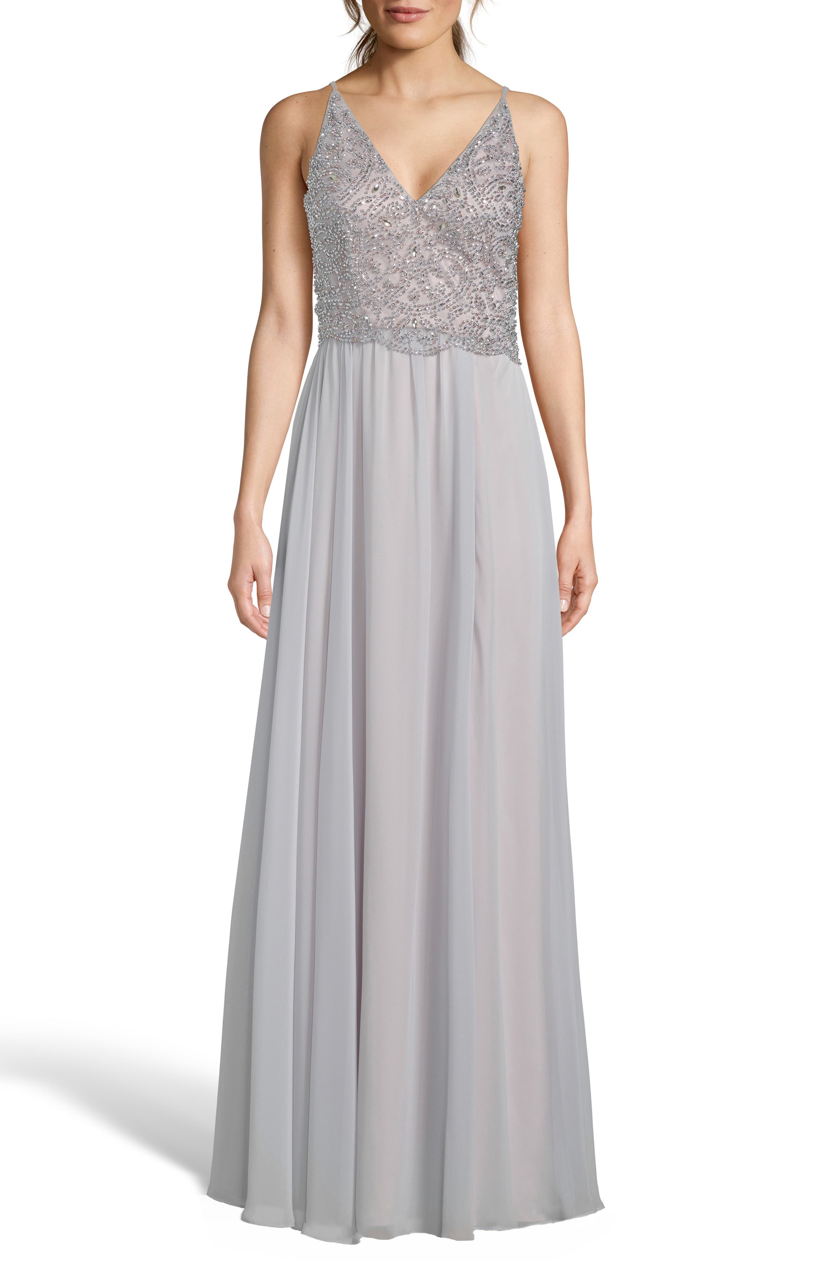 Xscape Embellished Bodice V-Neck Chiffon Evening Dress, Pink
