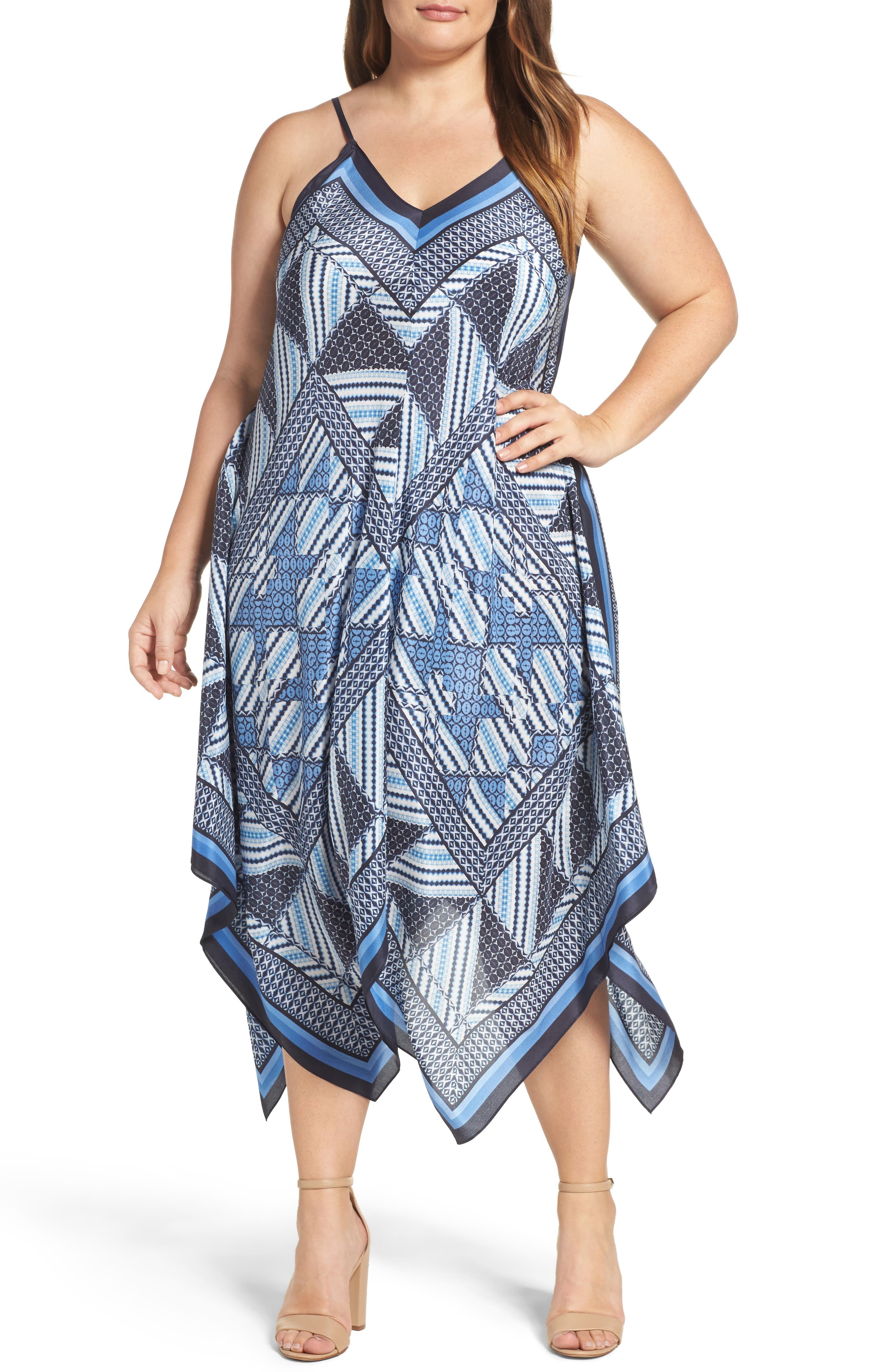 Plus Size Nic+Zoe Calypso Handkerchief Hem Sundress, Blue