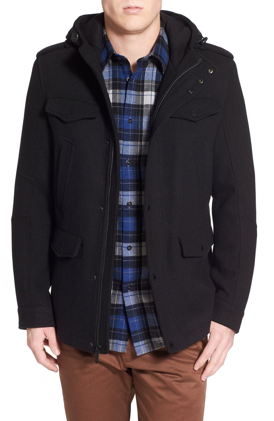 Black Rivet Wool Blend Hooded Military Jacket Nordstrom