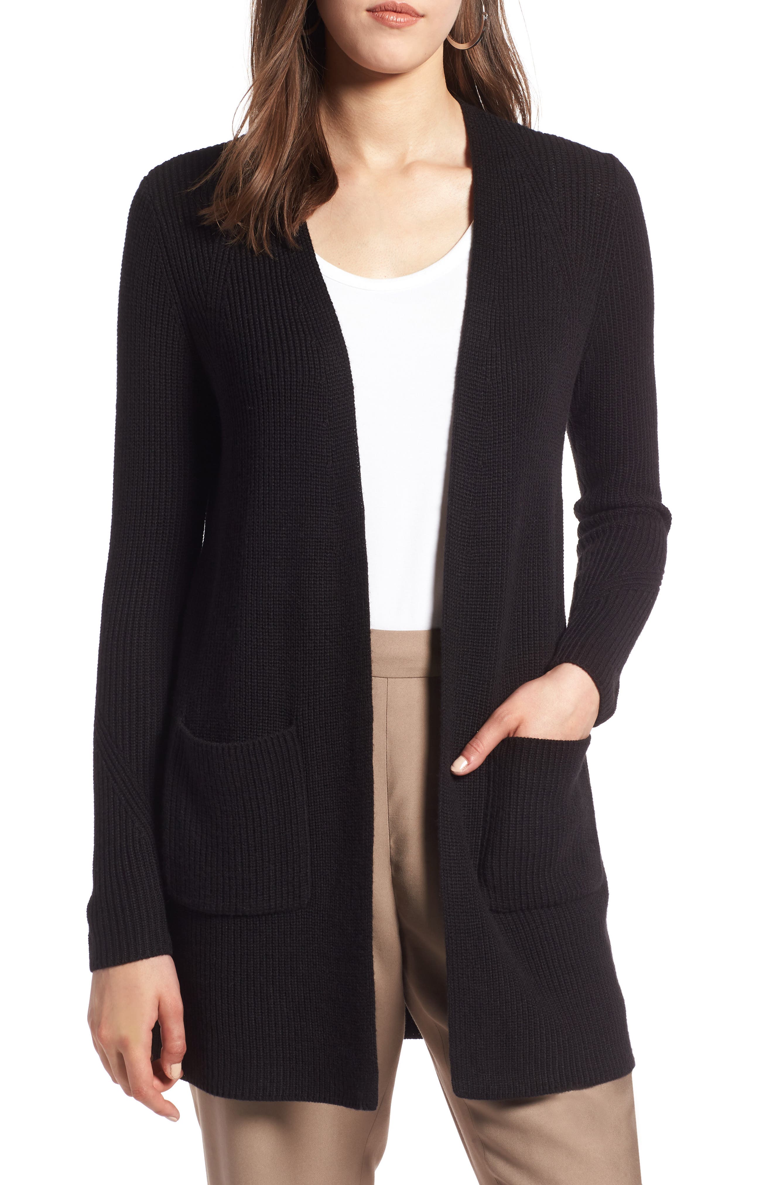Petite Halogen Long Ribbed Cardigan, Black