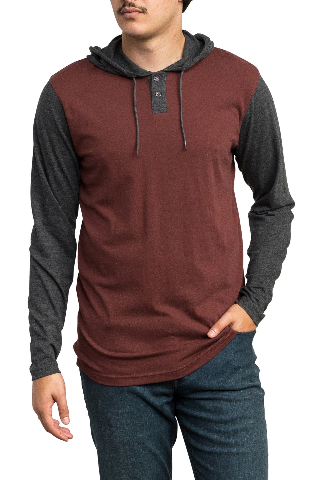 Rvca Pick Up Hooded Henley Sweatshirt, Burgundy