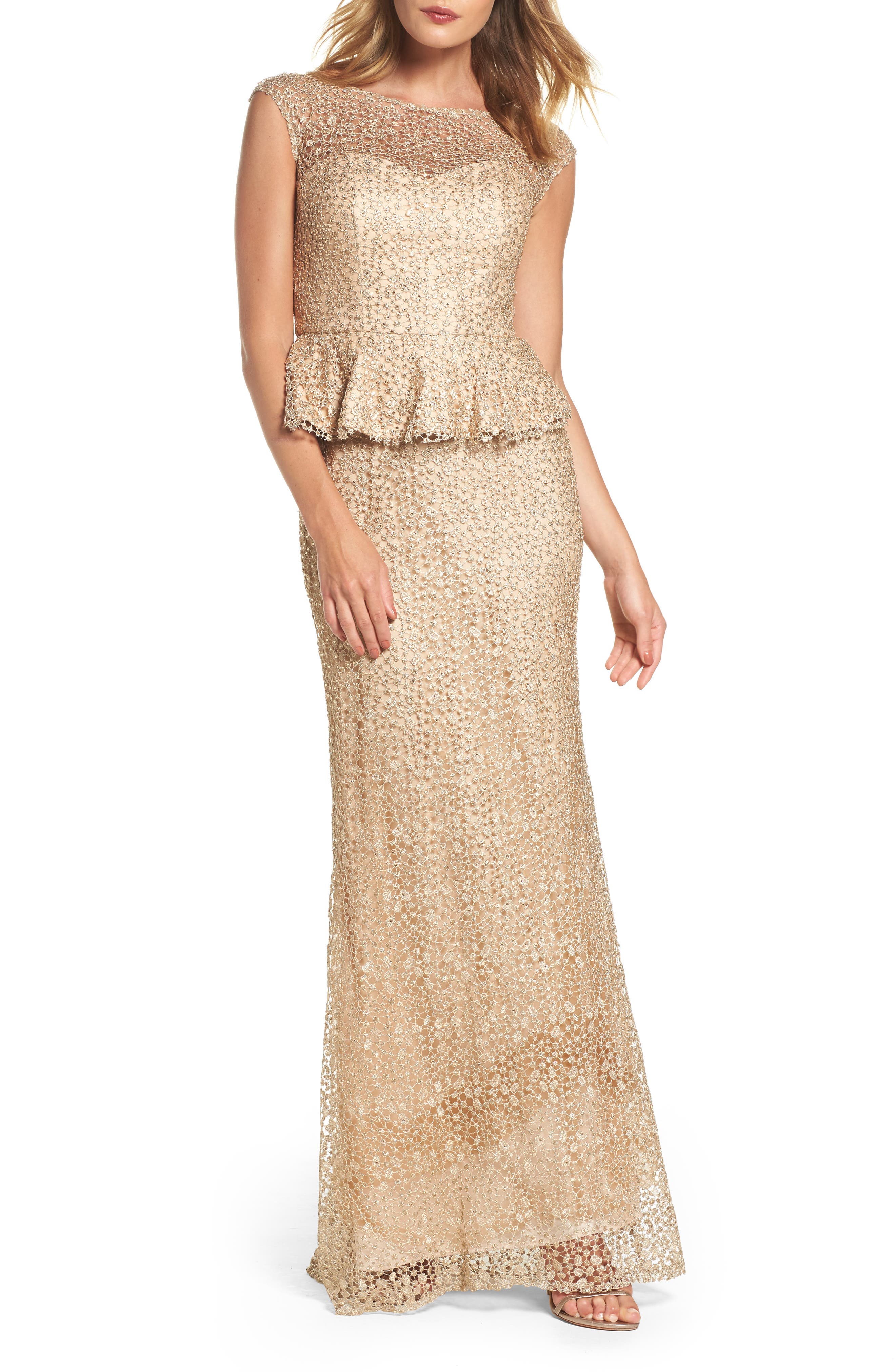 La Femme Embellished Lace Peplum Gown, Beige