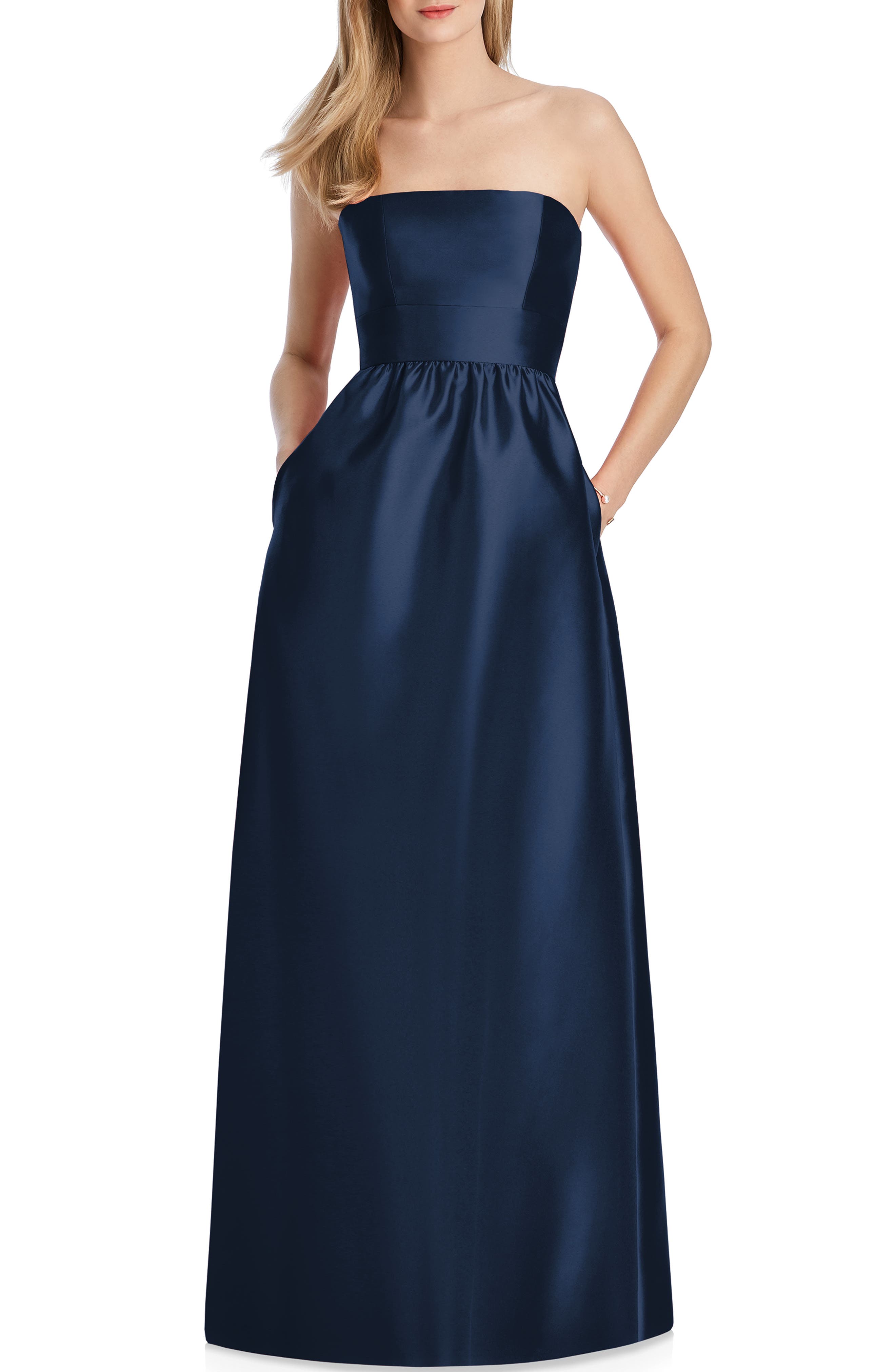 Lela Rose Bridesmaid Strapless Sateen Gown, Blue