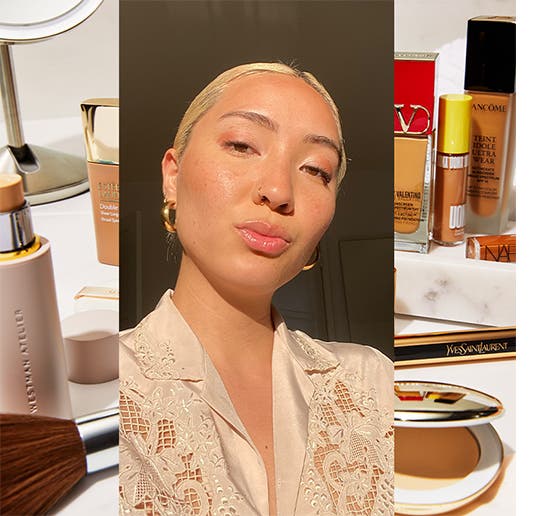 A woman wearing sun-kissed makeup. Plus, foundation, powder and other beauty products.