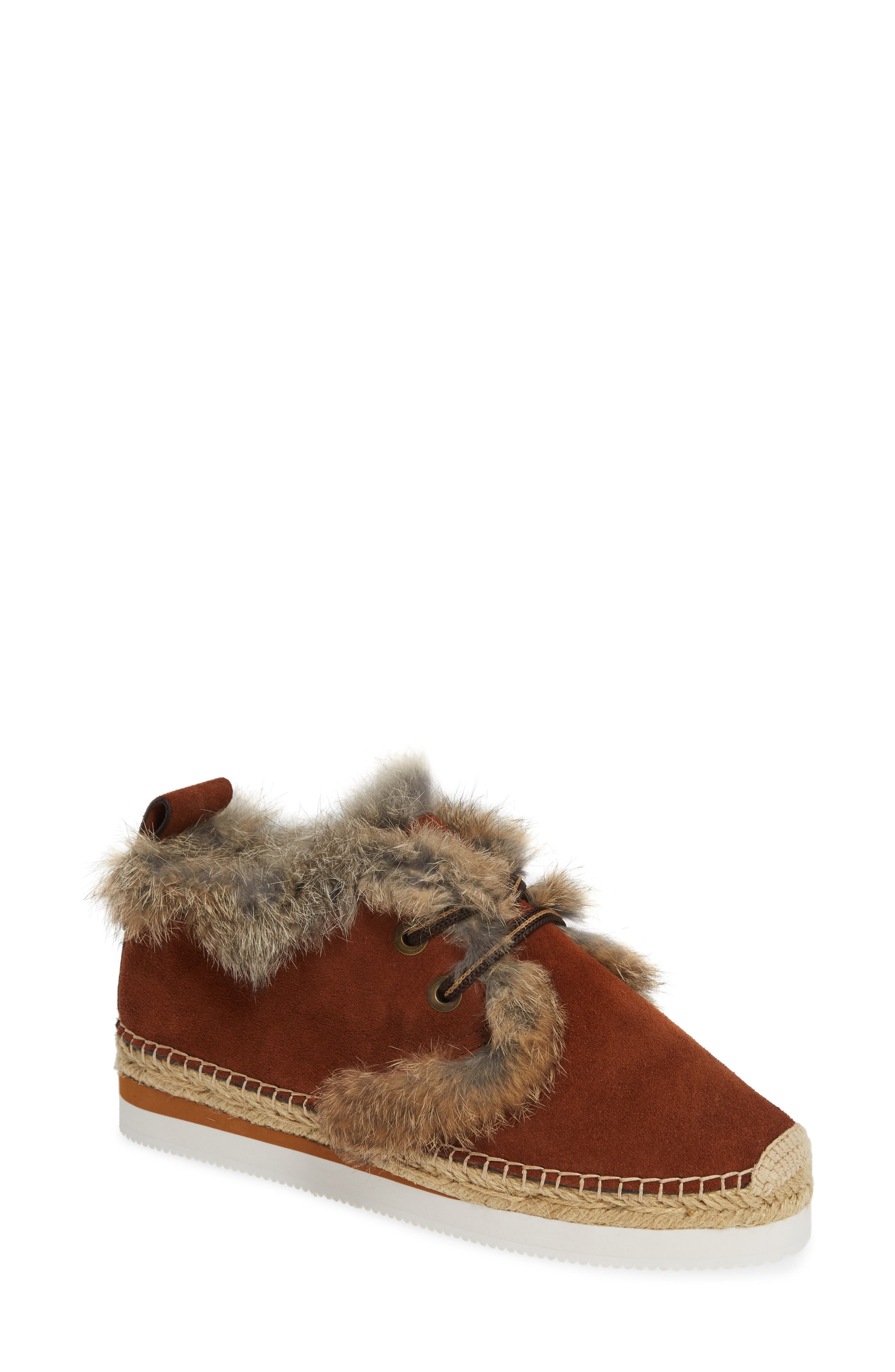 See By Chloe Glyn Genuine Shearling & Genuine Rabbit Fur Lace-Up Espadrille, Brown
