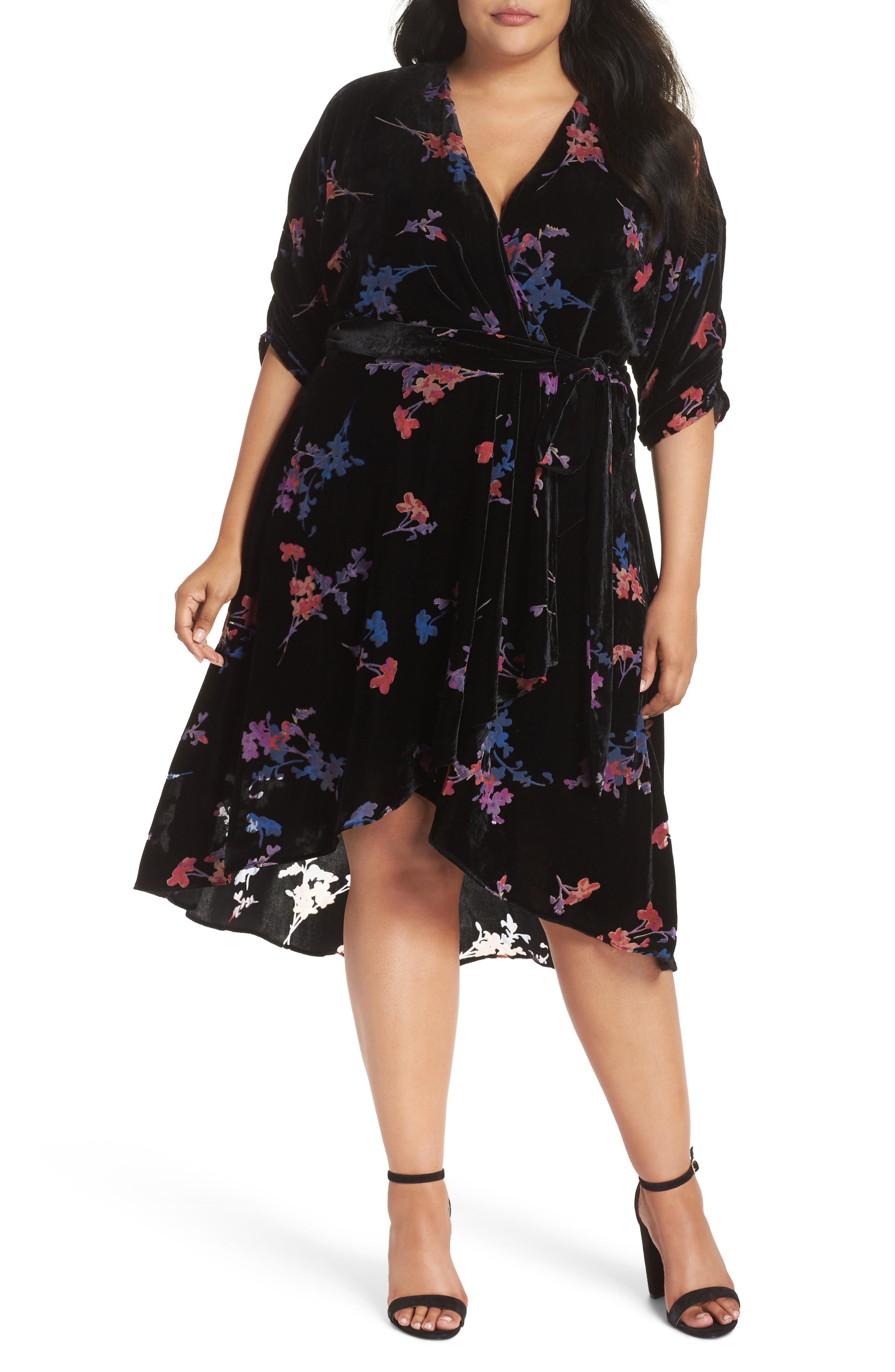 Plus Size Eliza J Velvet Tie Waist Dress, Black