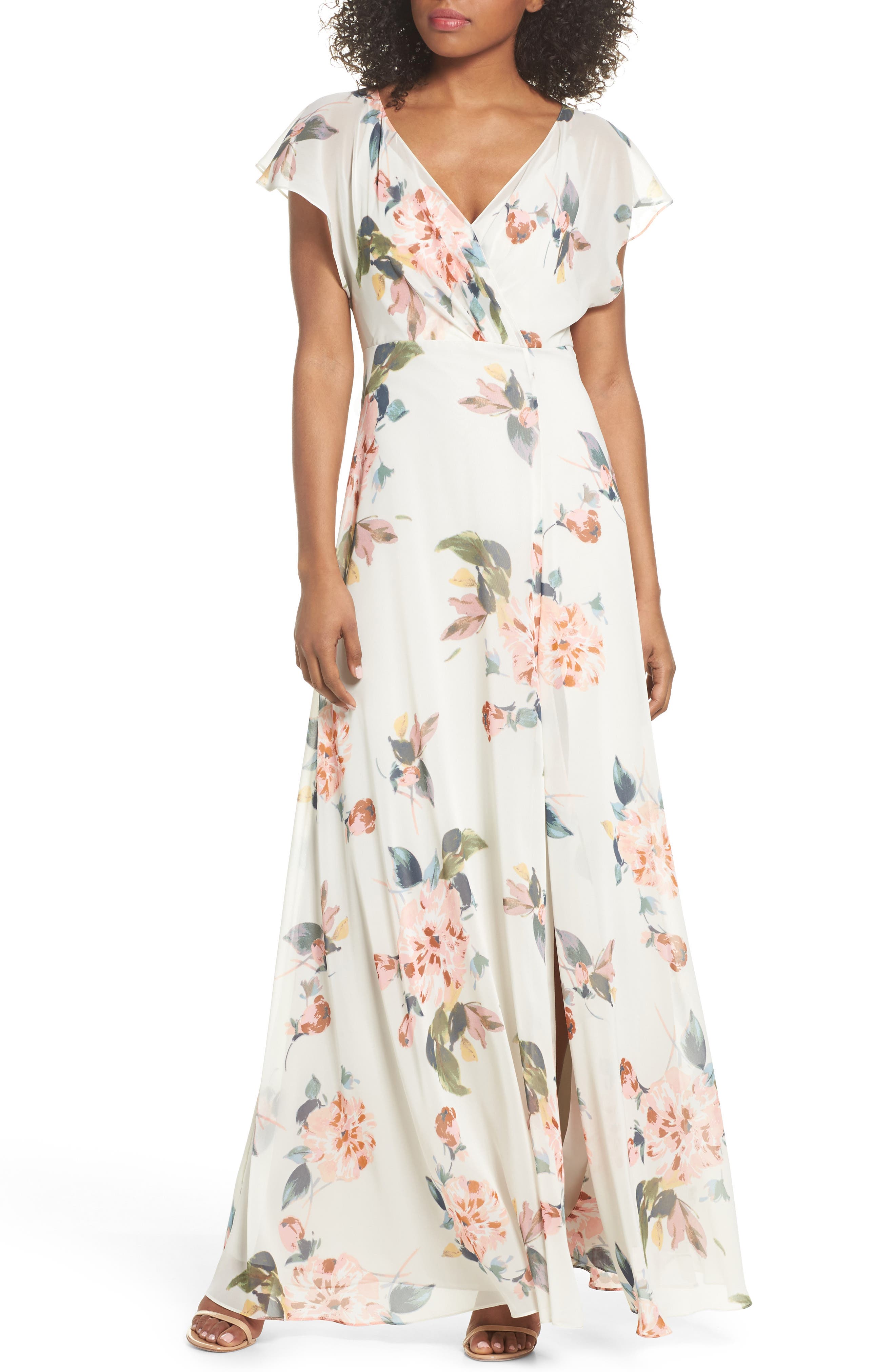 Jenny Yoo Alanna Ohana Print Open Back Print Chiffon Gown, Green