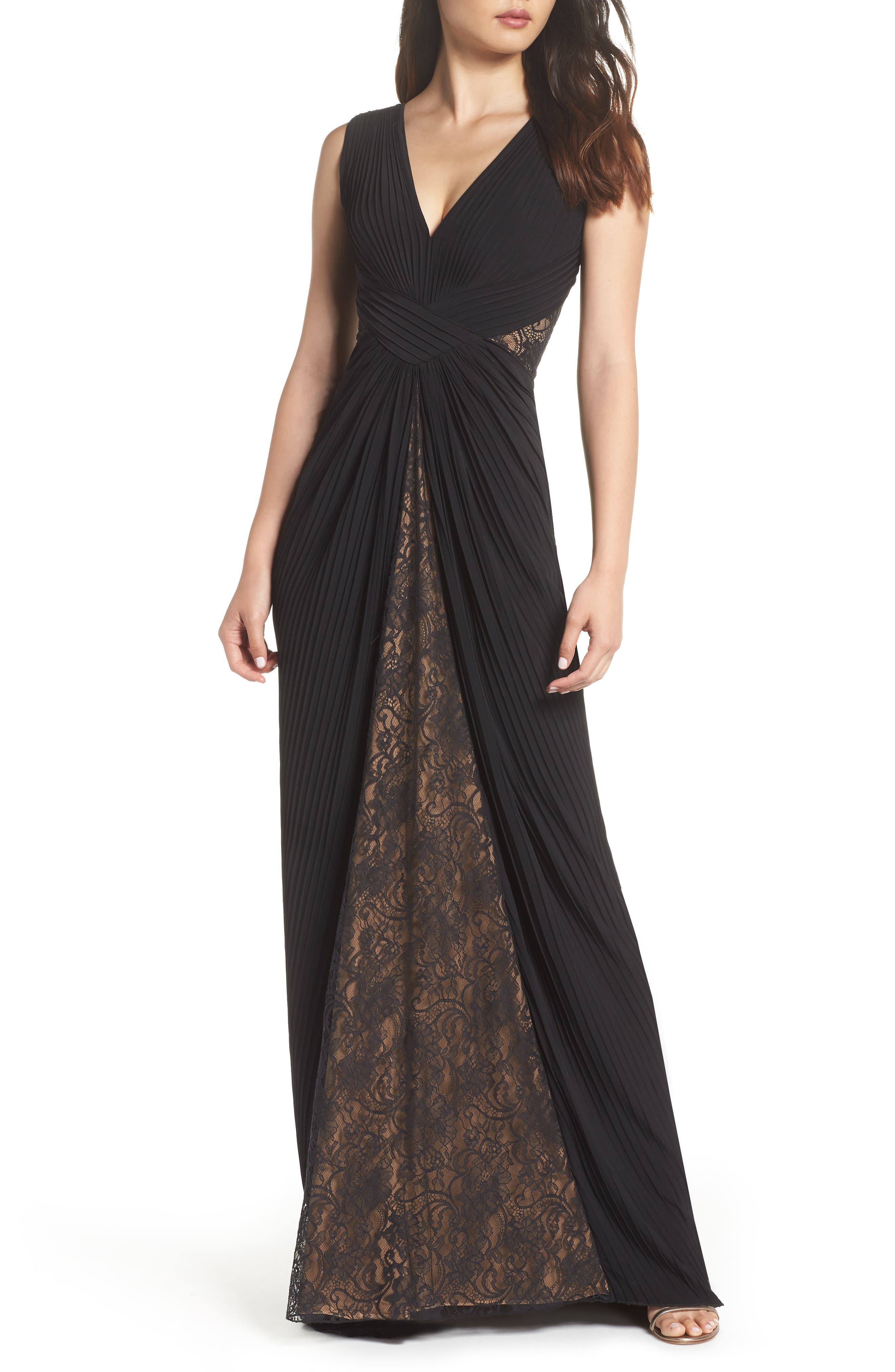 Tadashi Shoji Pintuck & Lace Gown, Black