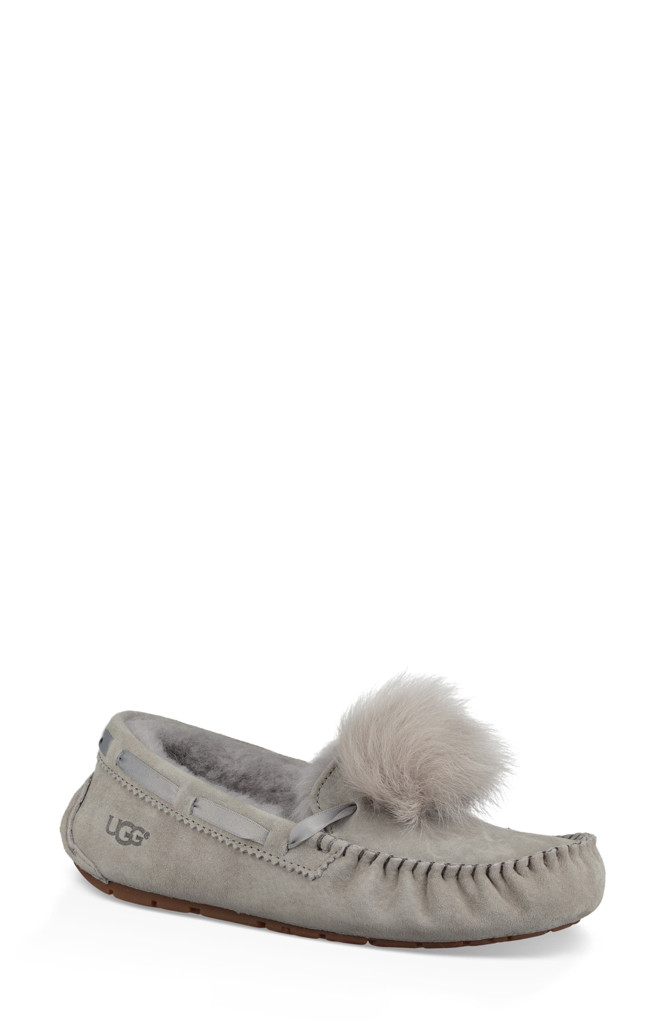Ugg Dakota Water Resistant Genuine Shearling Pompom Slipper, Grey