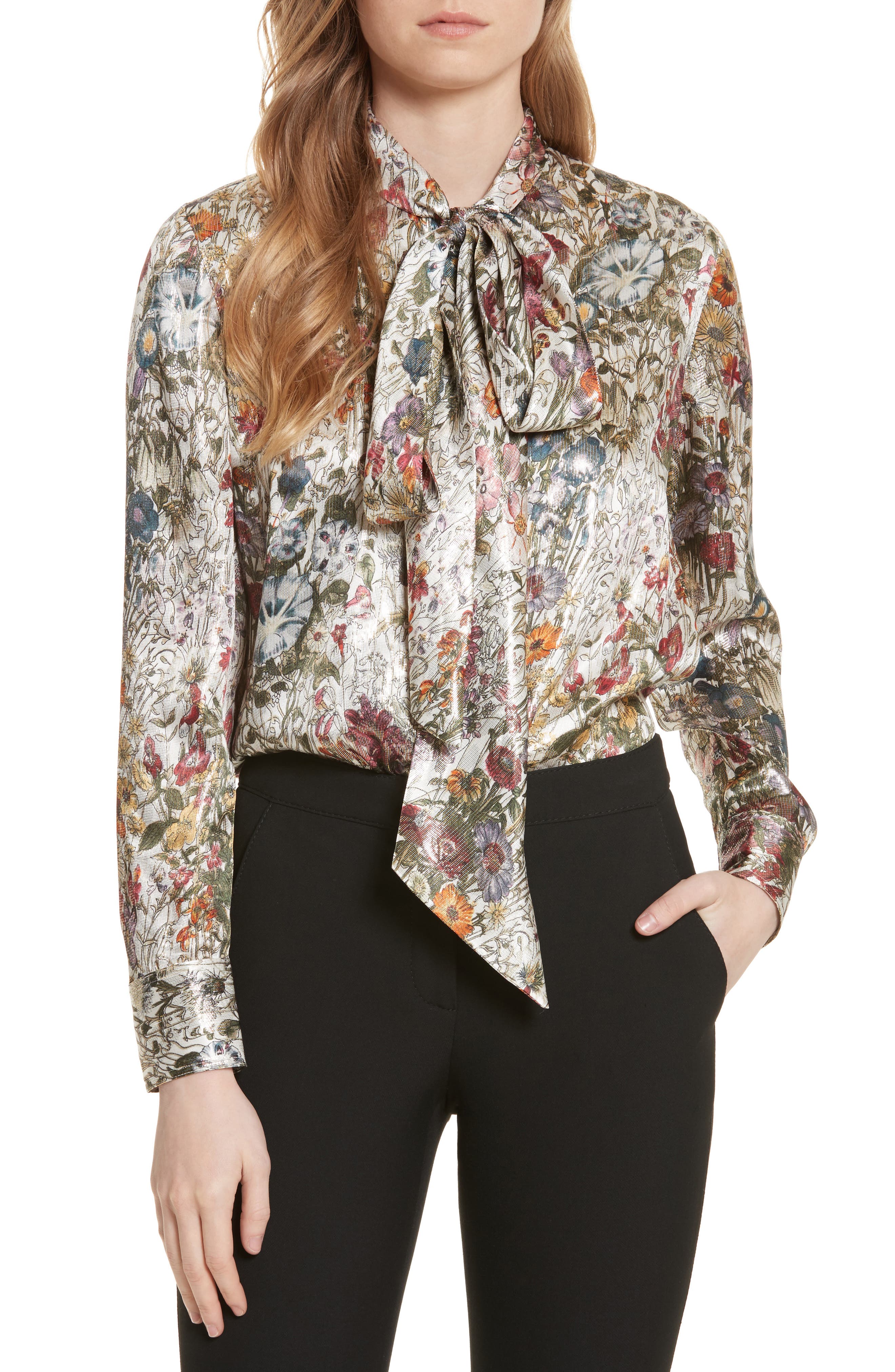 Tory Burch Tie Neck Metallic Floral Blouse Nordstrom