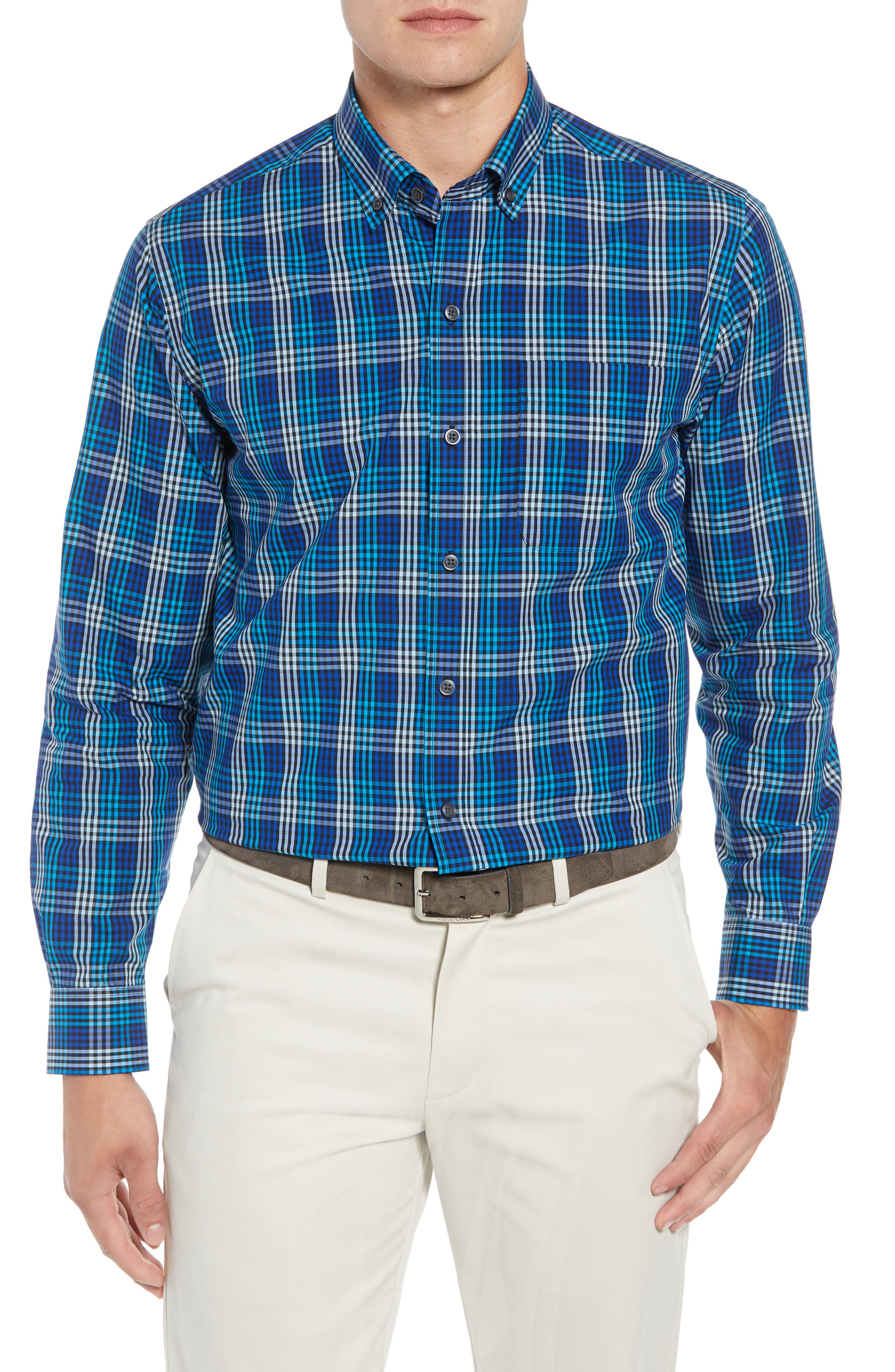 Cutter & Buck Sutton Regular Fit Non-Iron Check Sport Shirt, Blue