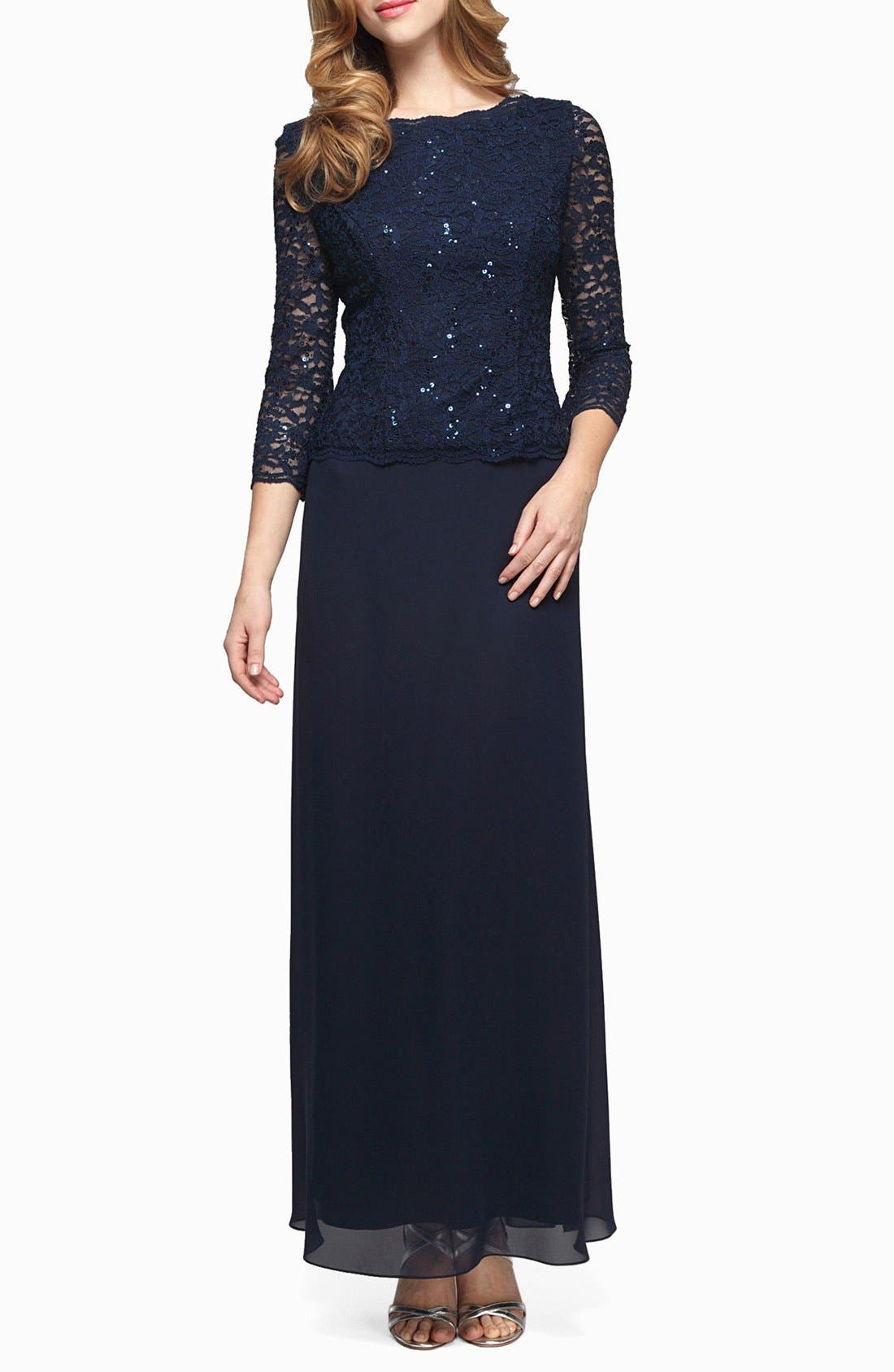 Petite Alex Evenings Sequin Lace & Chiffon Gown, Blue
