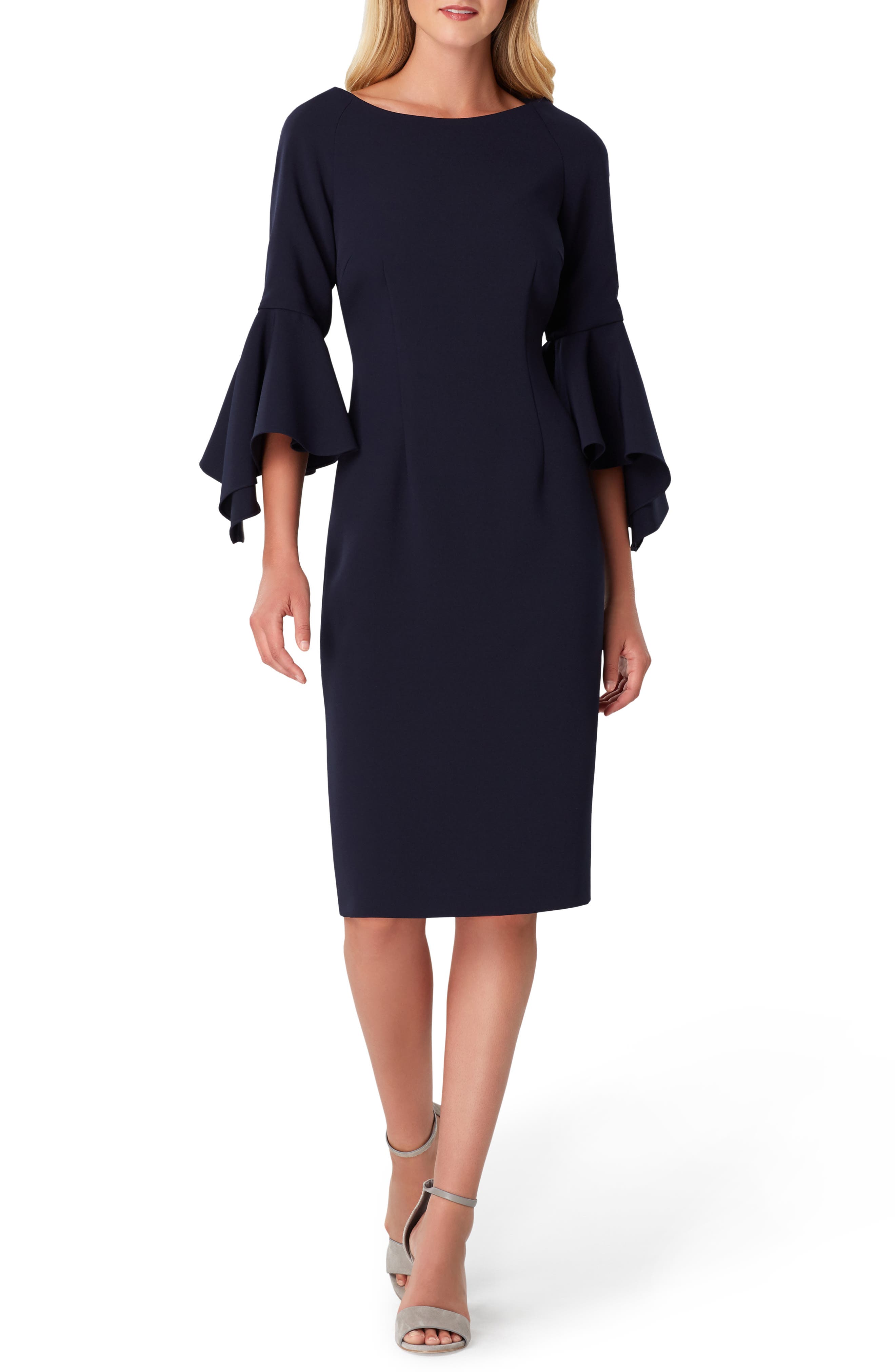 Tahari Ruffle Bell Cuff Crepe Sheath