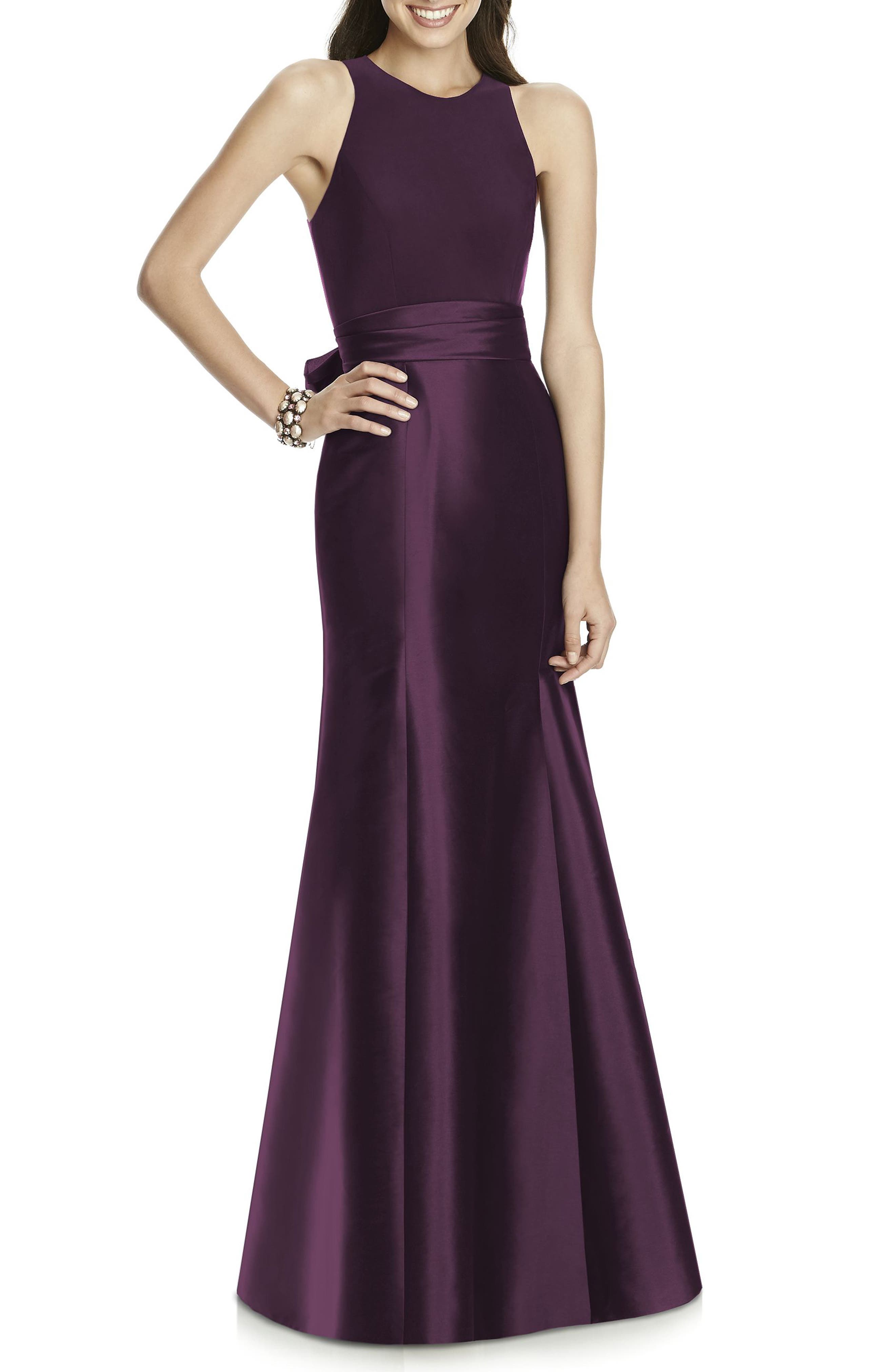 Alfred Sung Mikado Jersey Bodice Trumpet Gown, Purple