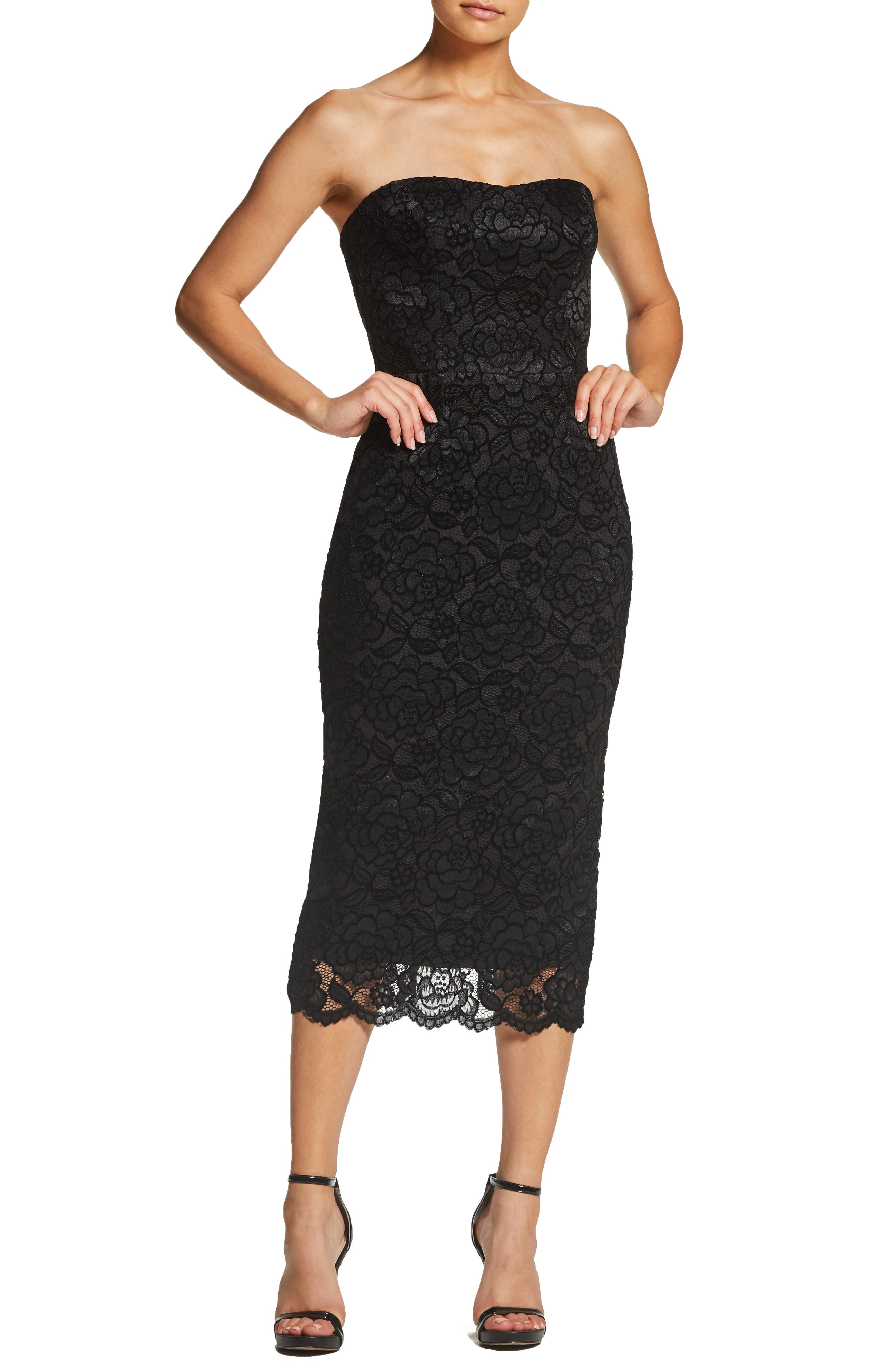 Dress The Population Claire Strapless Velvet Lace Midi Dress