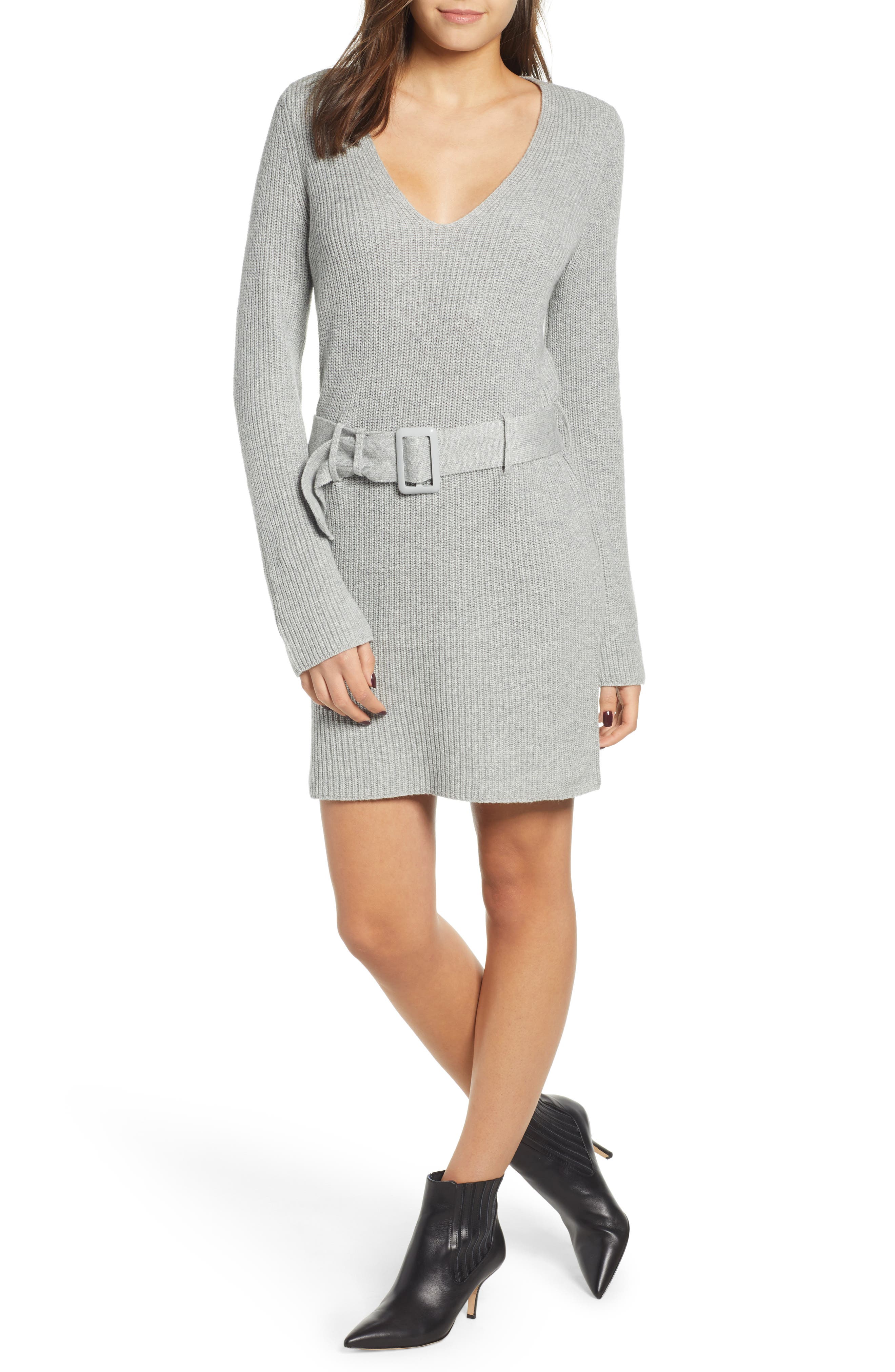 Leith Belted Sweater Dress, Grey