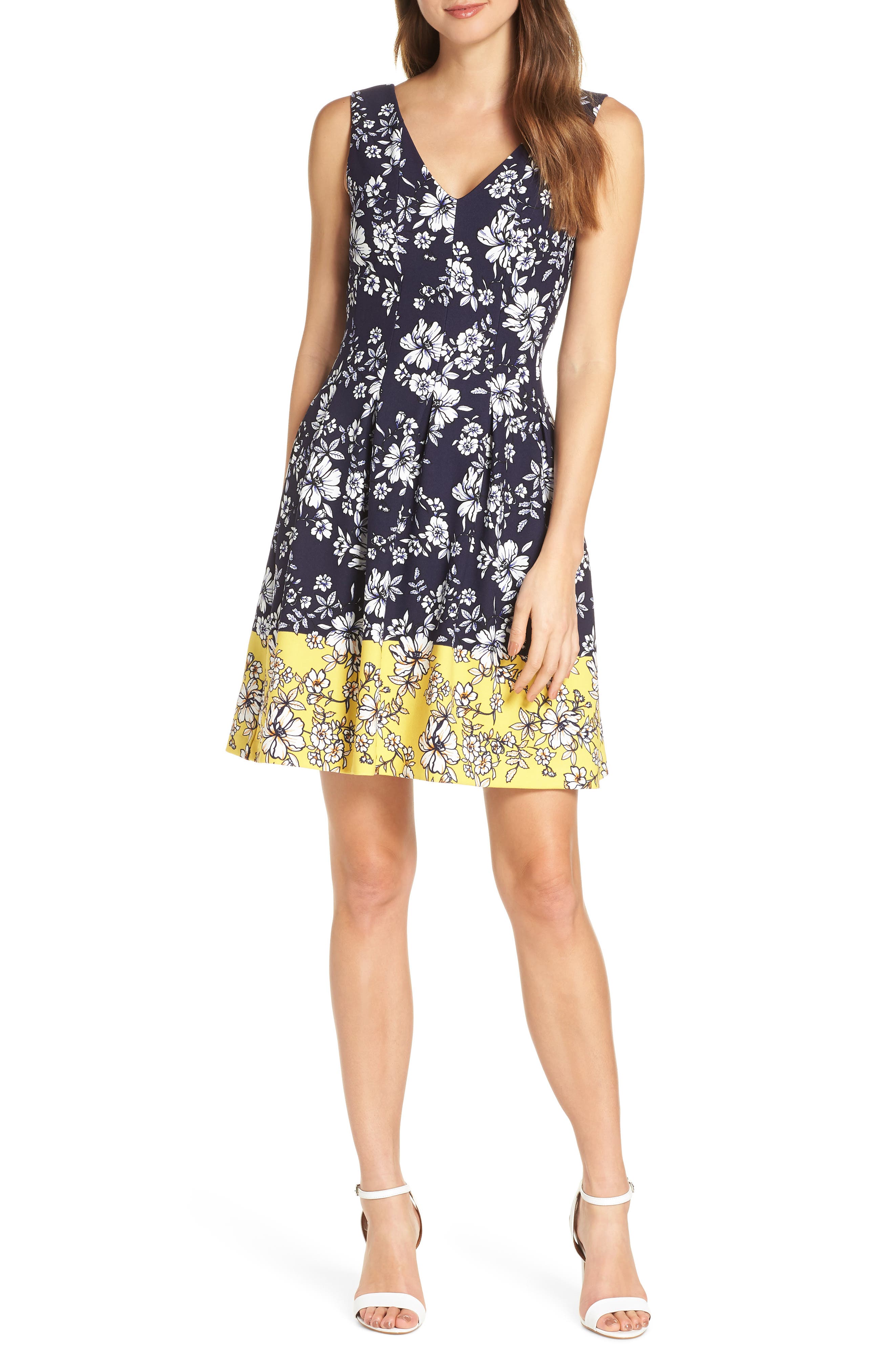 Petite Vince Camuto Floral Print Pleated Fit & Flare Dress, Blue