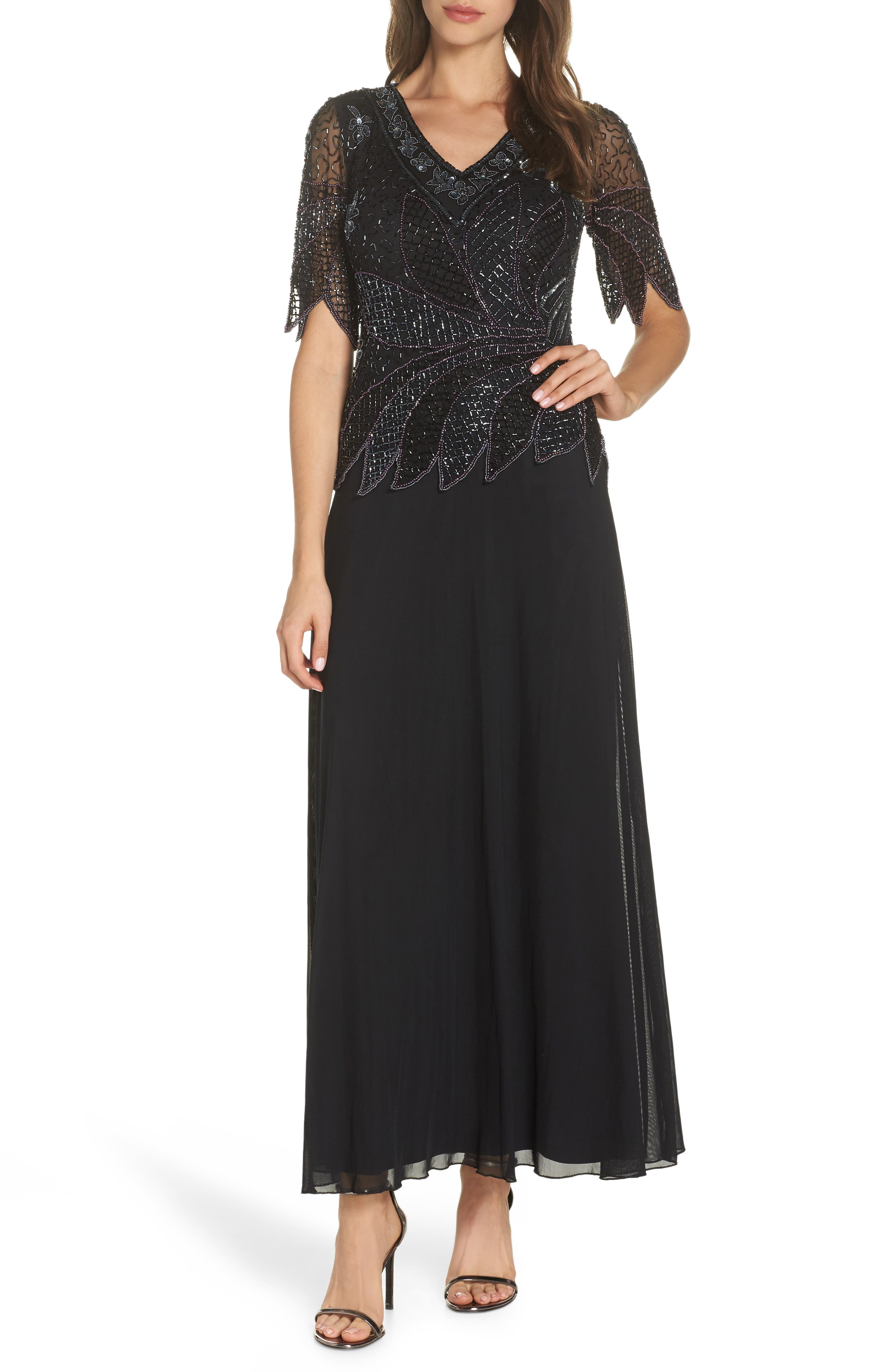 Pisarro Nights Beaded Mock Two-Piece Gown, Black