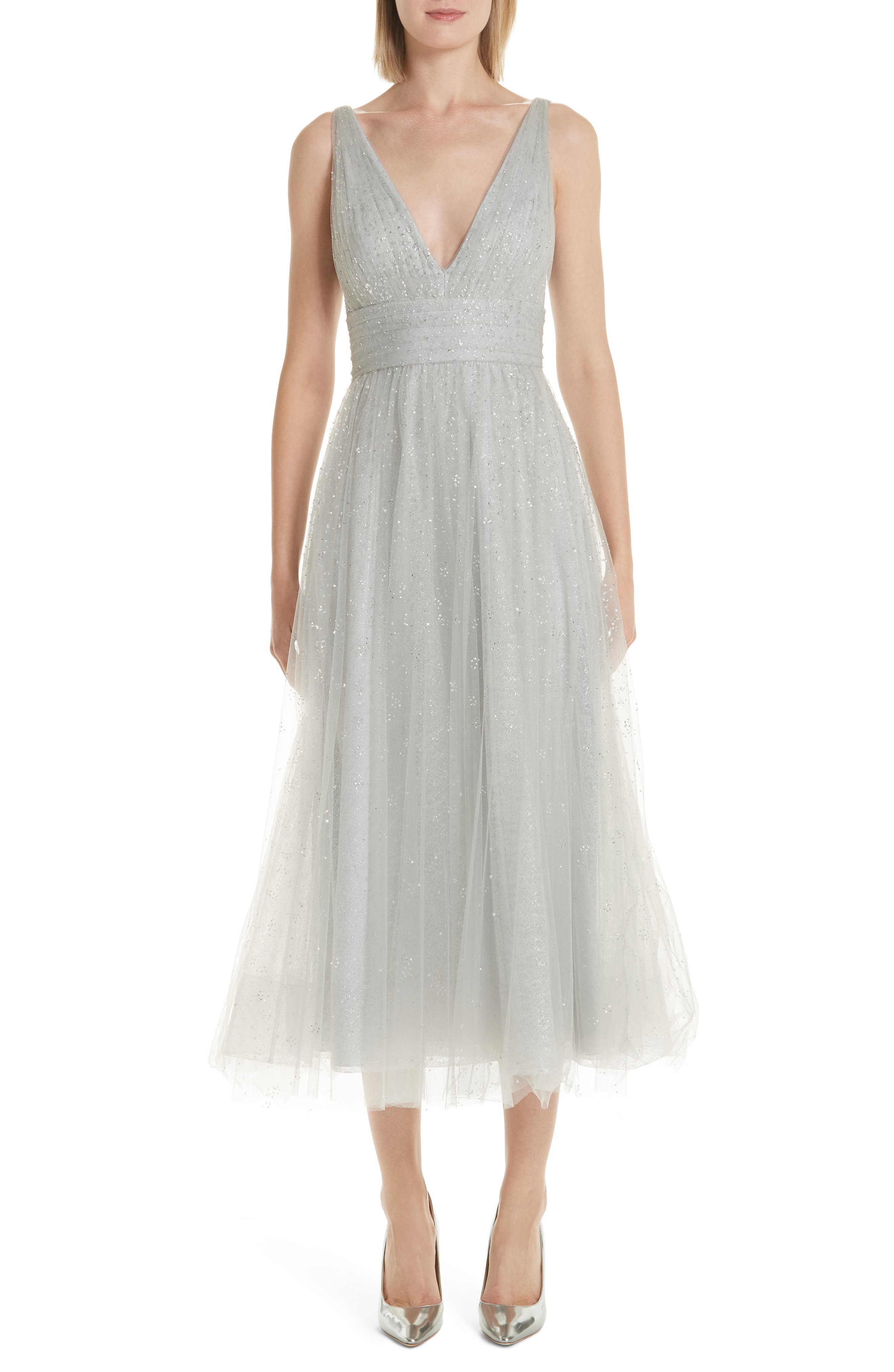 Marchesa Notte Glitter Tulle Tea Length Dress