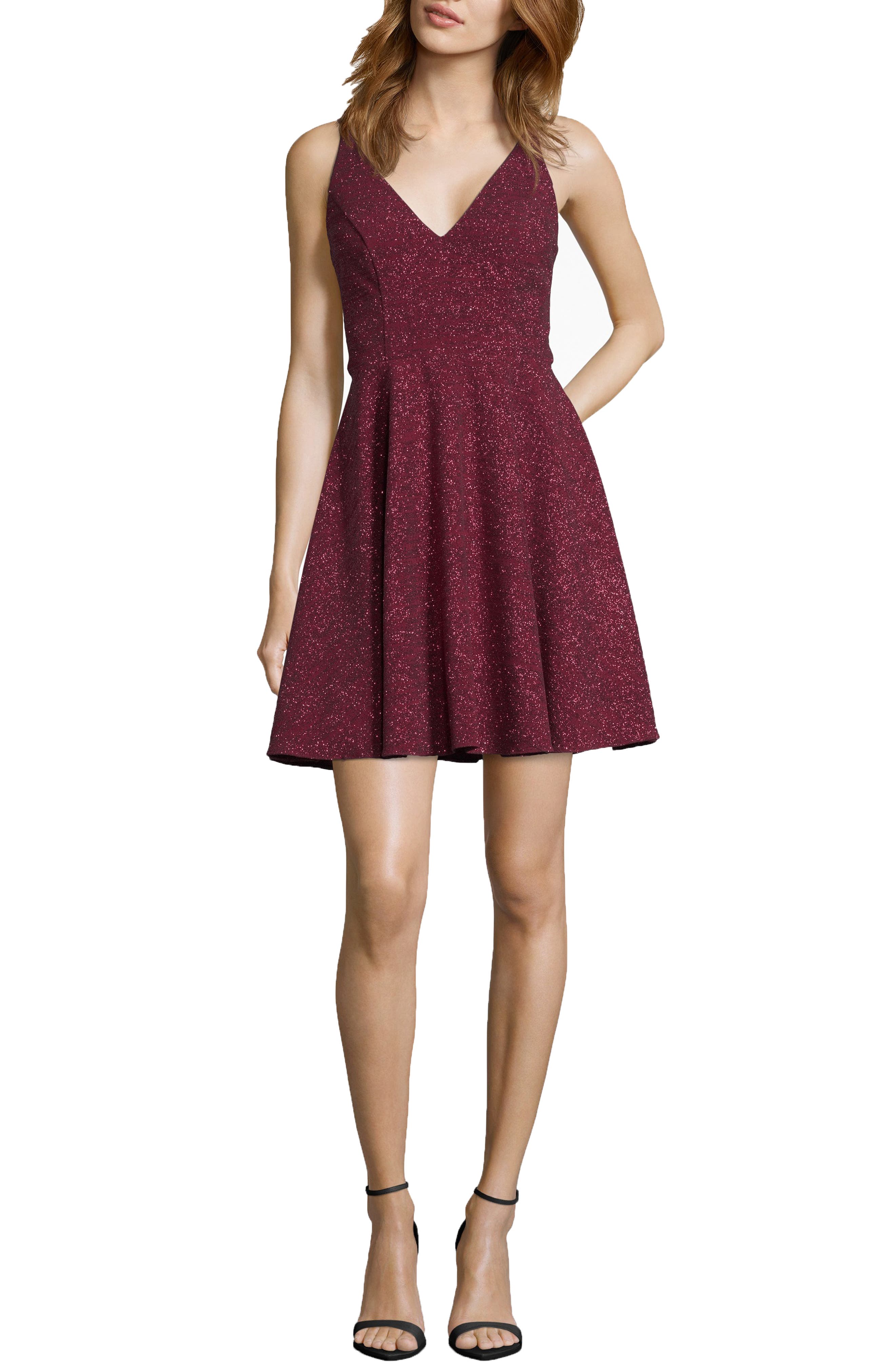 Xscape Glitter V-Neck Party Dress, Burgundy