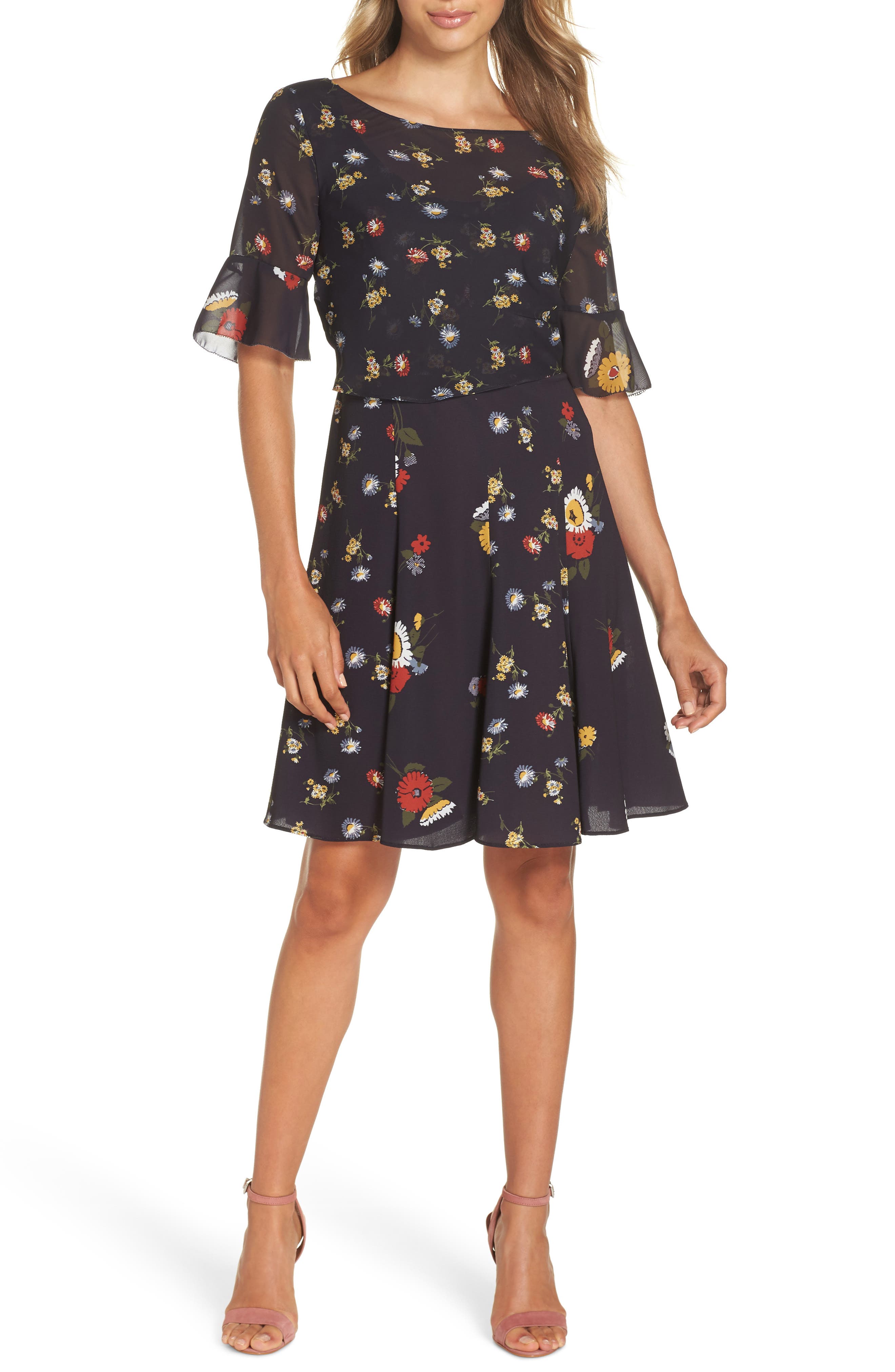 French Connection Baudet Print Fit & Flare Dress, Blue